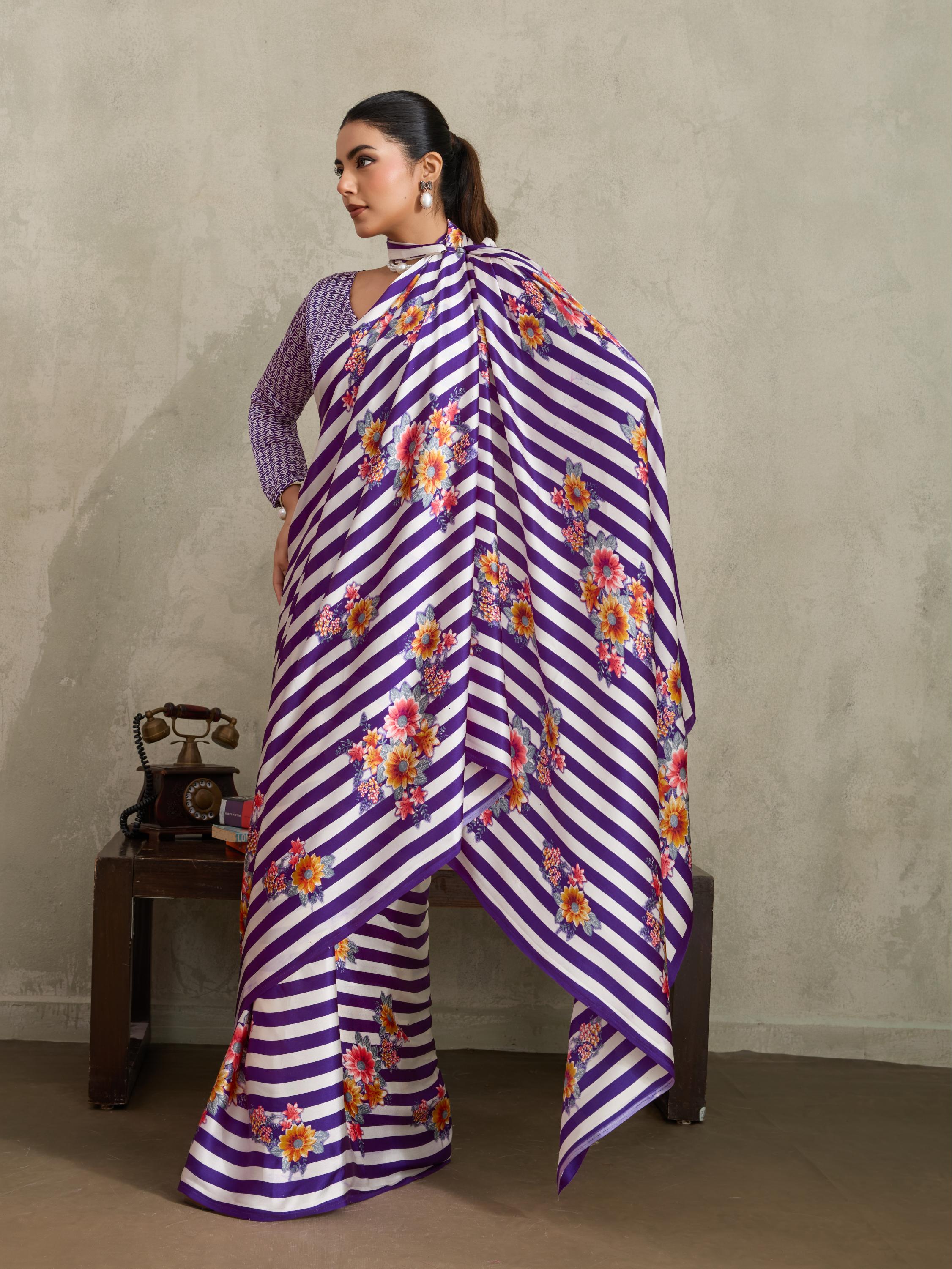 Heather Purple Ajrakh Printed Satin Crepe Soft Silk Saree With Blouse