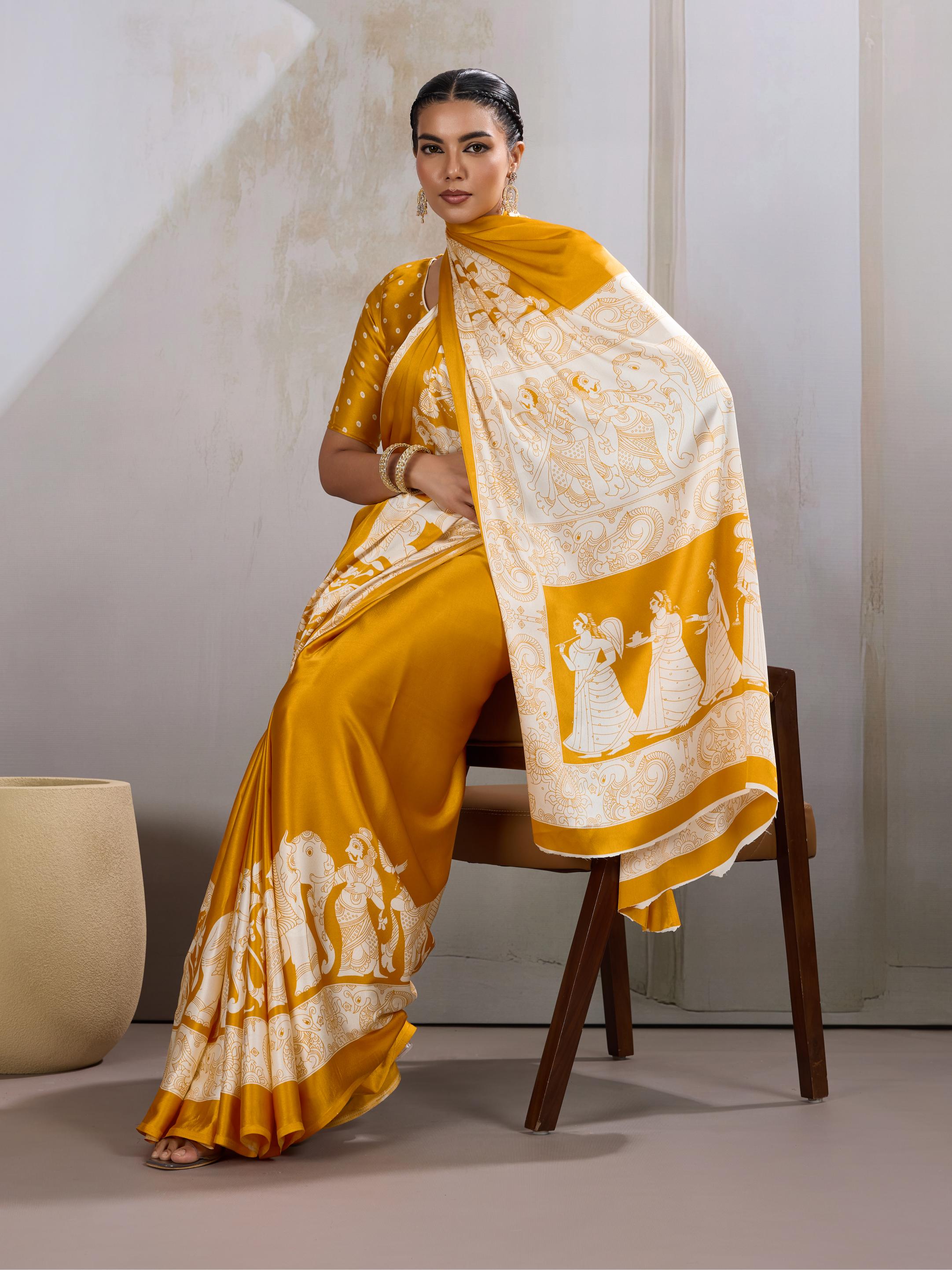 Imperial Yellow Ajrakh Printed Satin Crepe Silk Saree