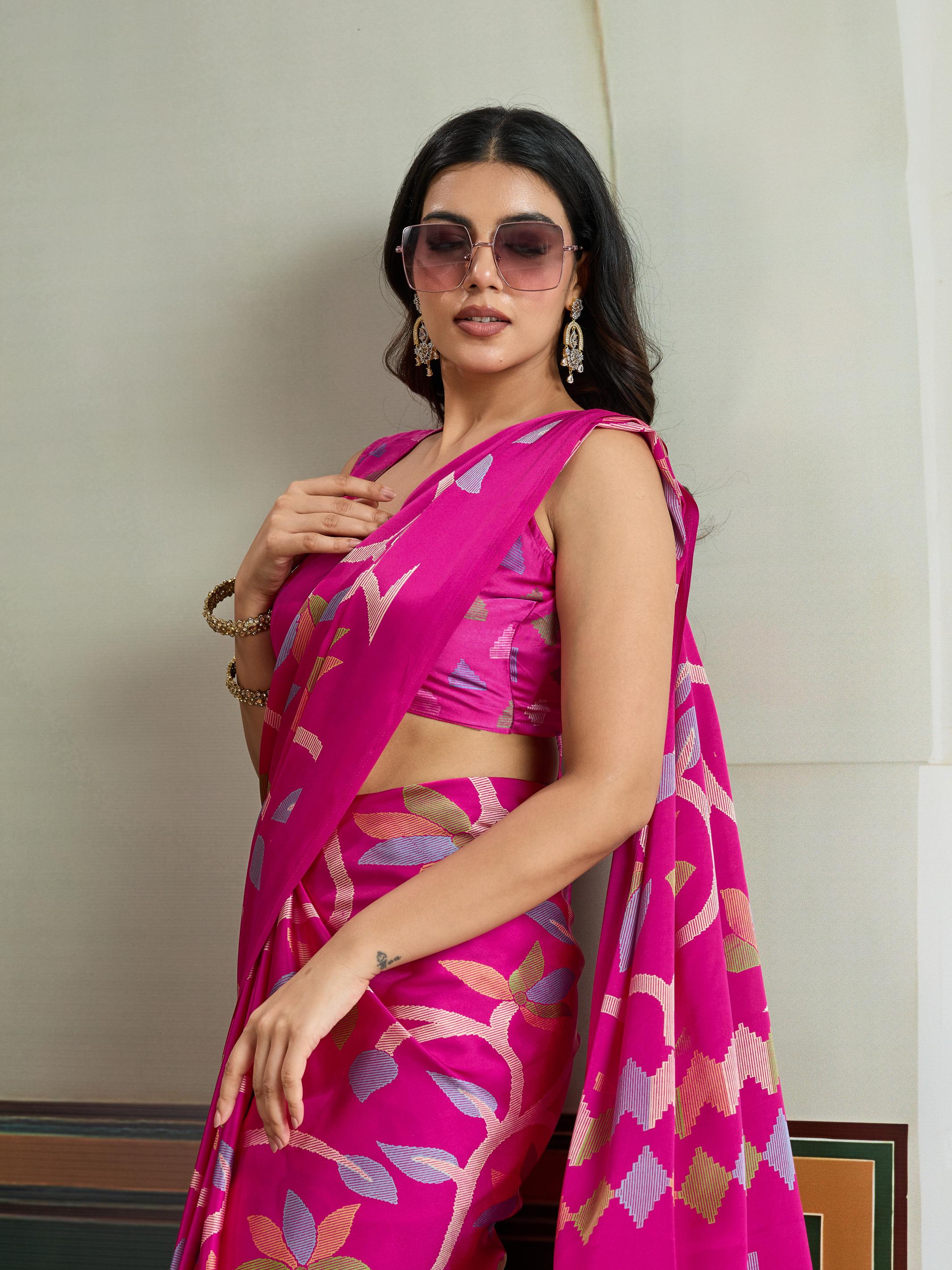 Deep Pink Modal Ajrakh Printed Satin Silk Saree
