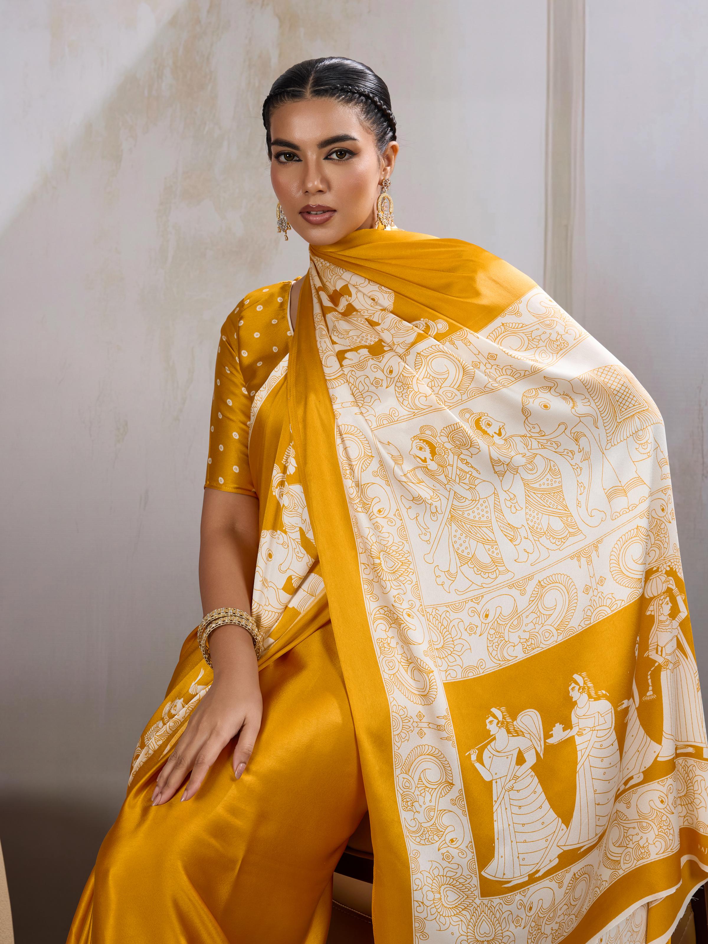 Imperial Yellow Ajrakh Printed Satin Crepe Silk Saree