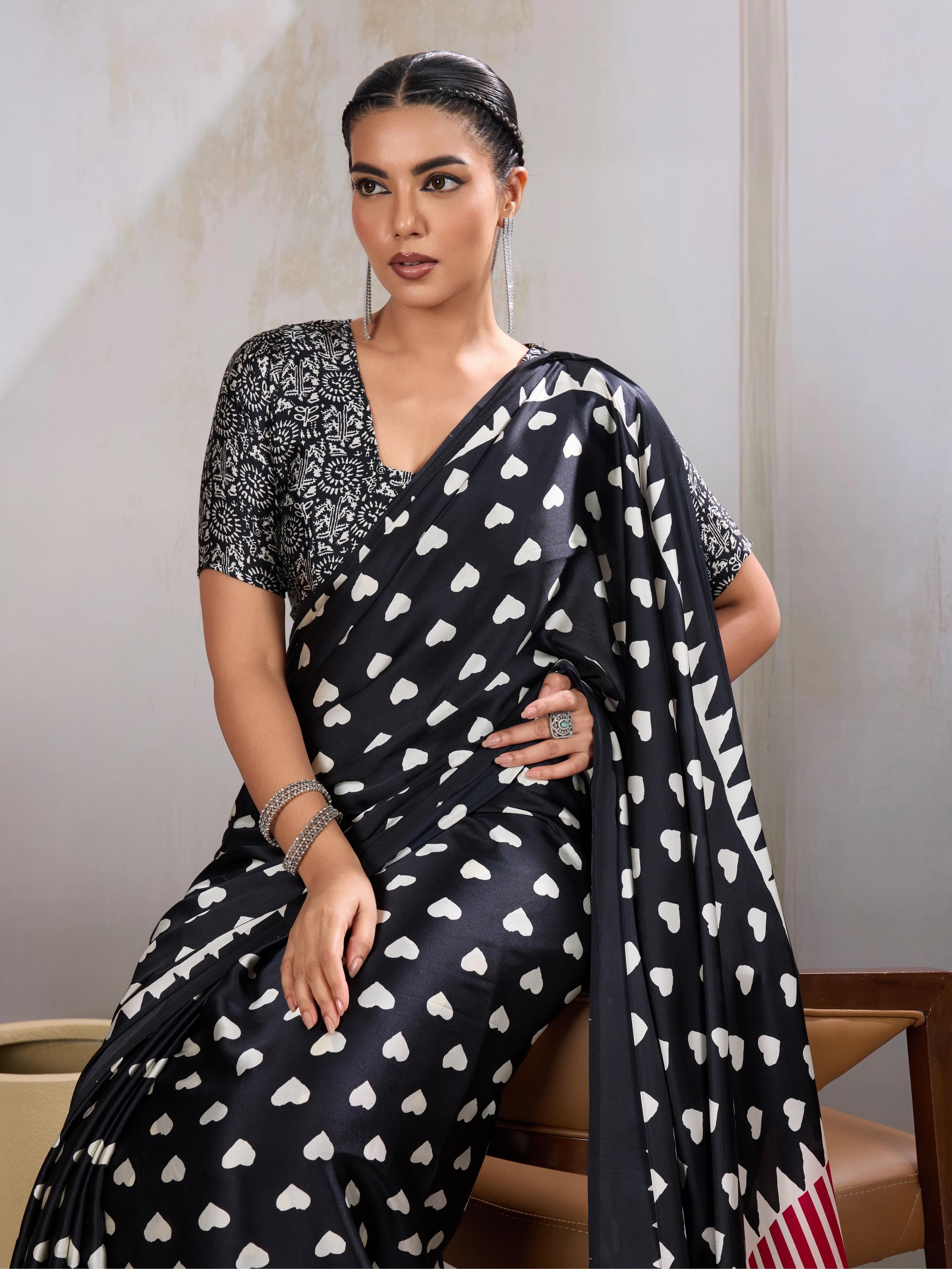Pitch Black Ajrakh Printed Satin Crepe Silk Saree