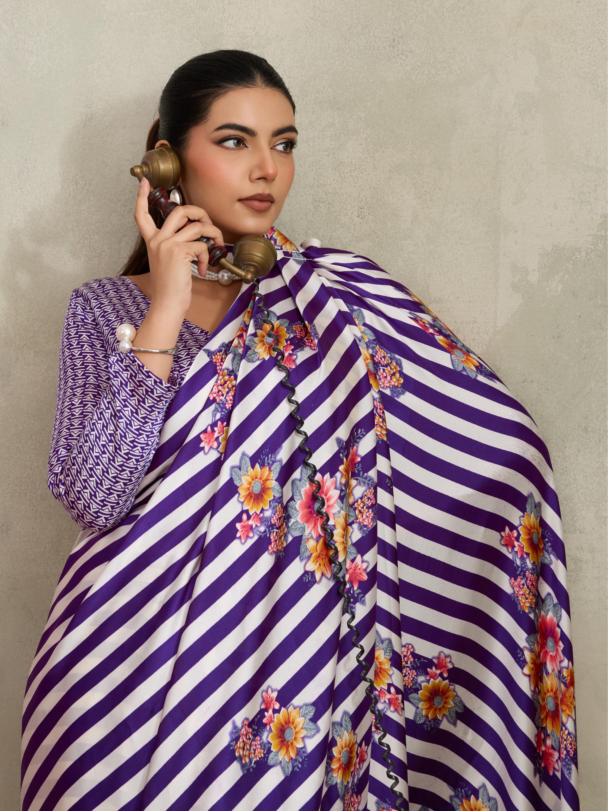 Heather Purple Ajrakh Printed Satin Crepe Soft Silk Saree With Blouse