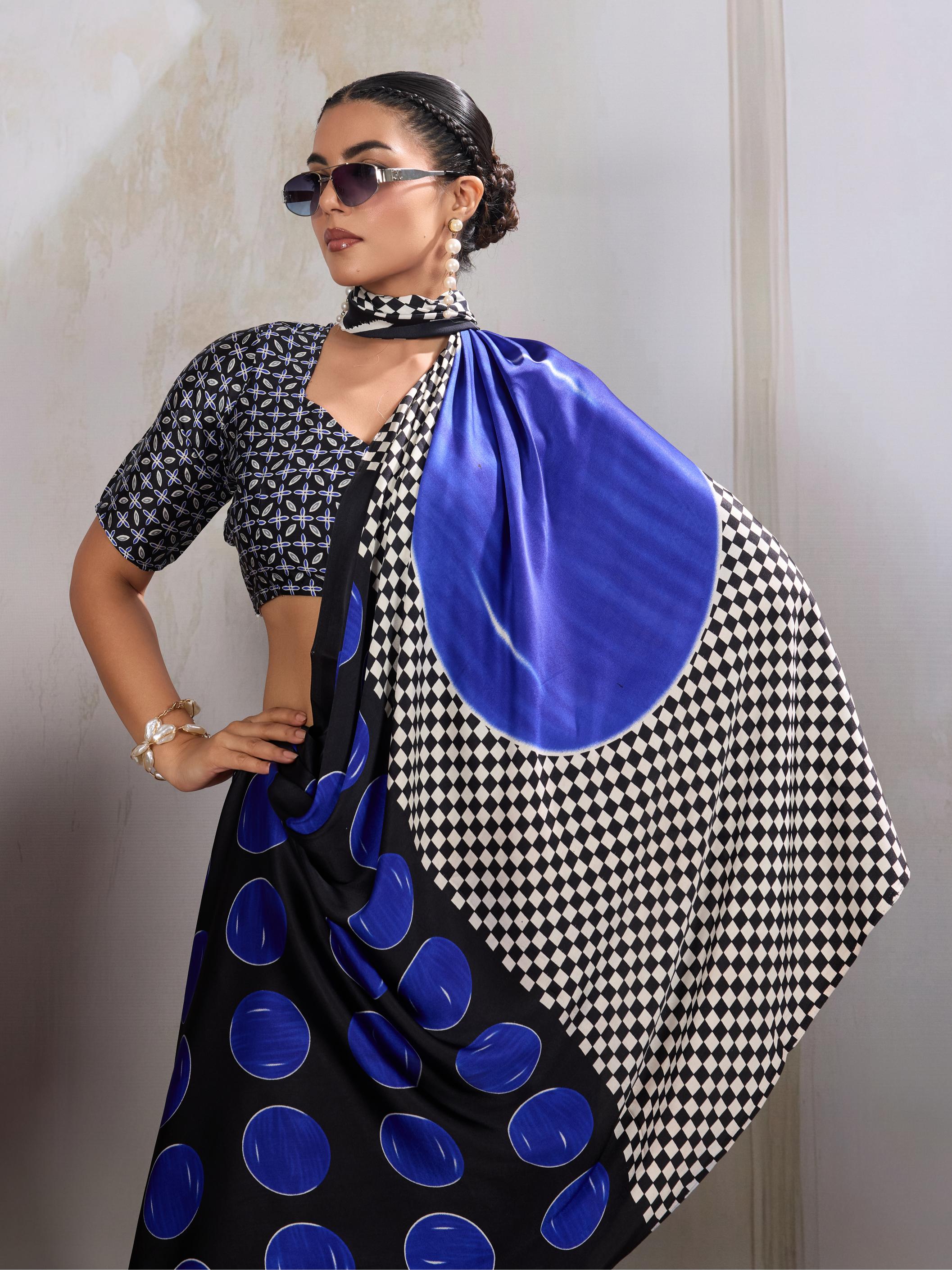 French Blue Ajrakh Printed Satin Crepe Silk Saree