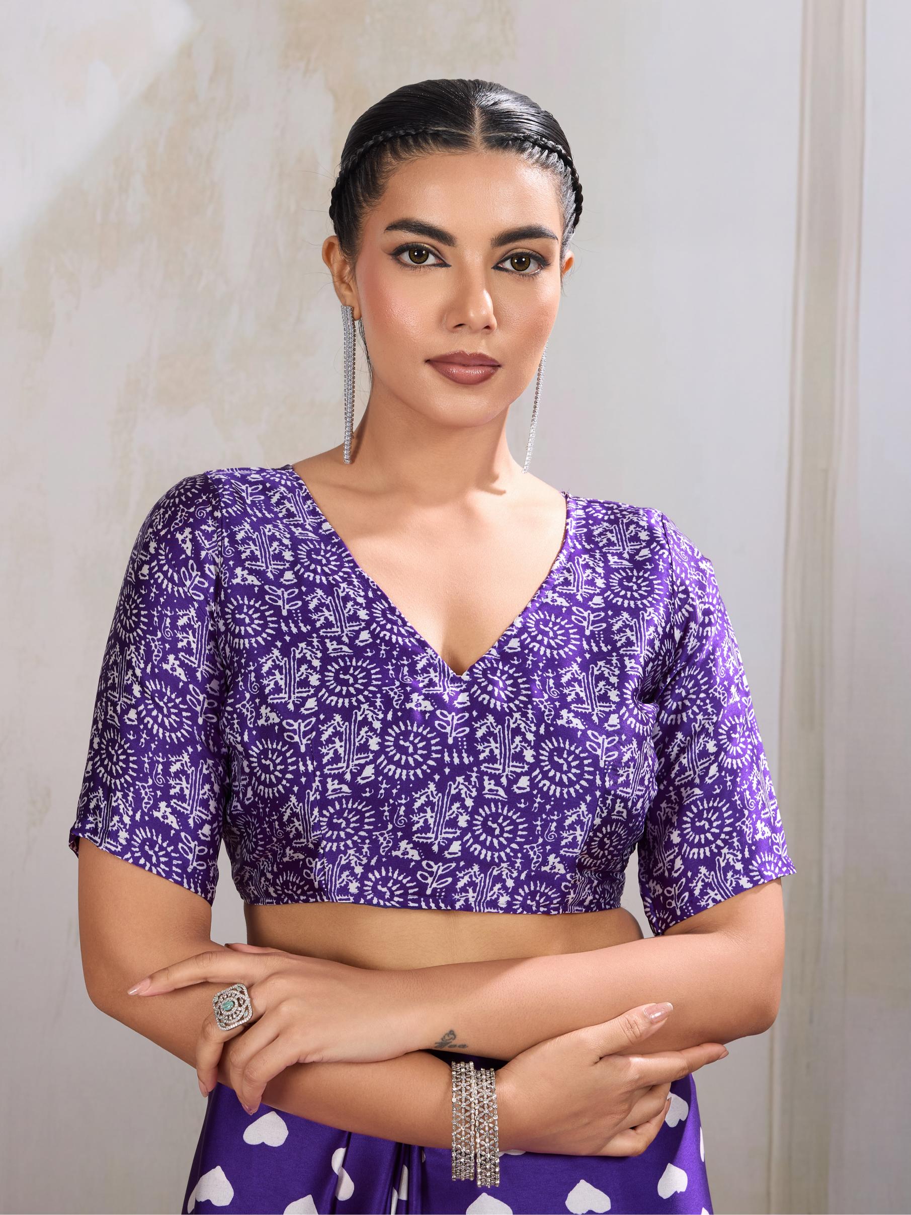 Heliotrope Purple Ajrakh Printed Satin Crepe Silk Saree