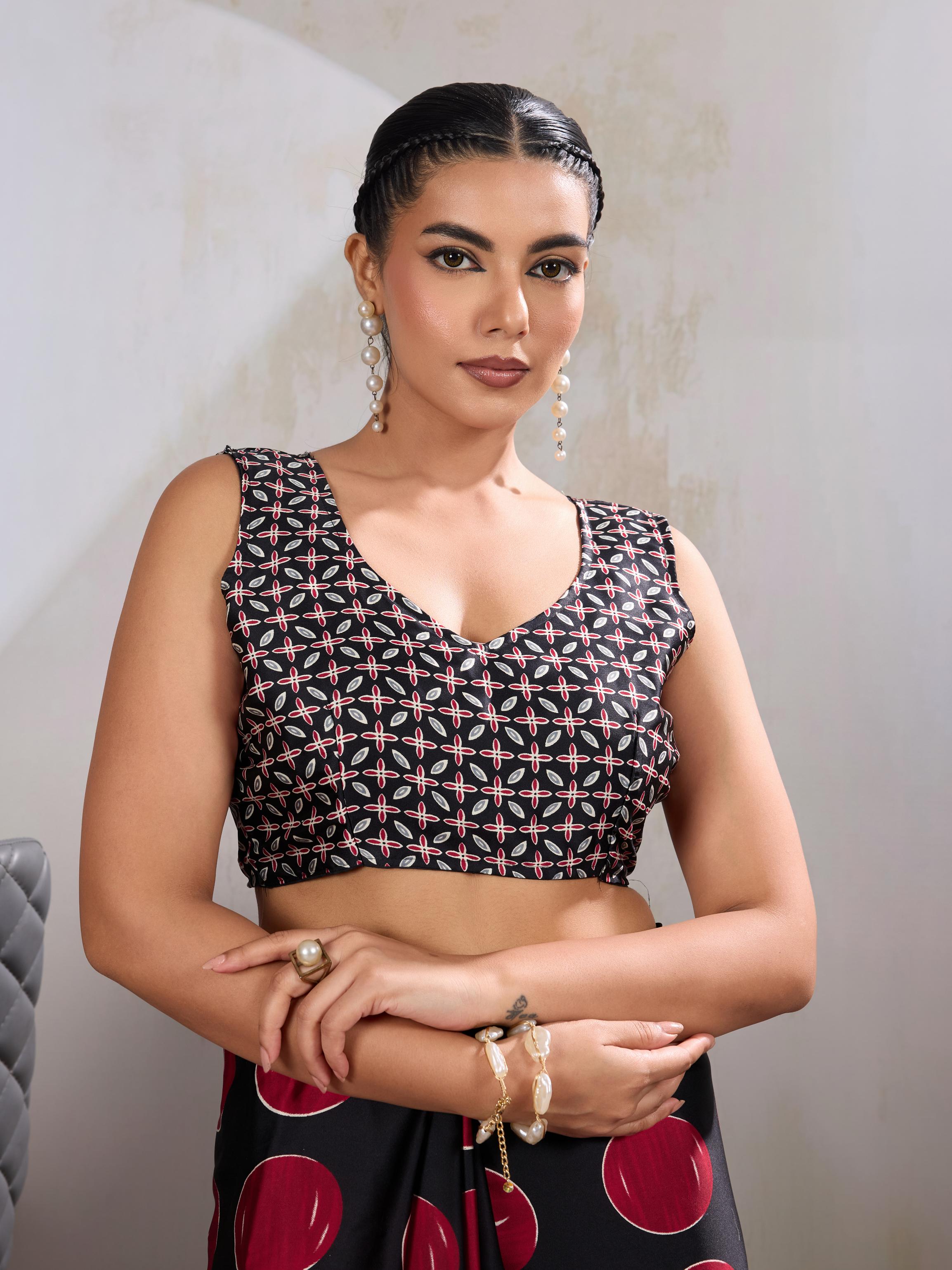 Brick Red Ajrakh Printed Satin Crepe Silk Saree