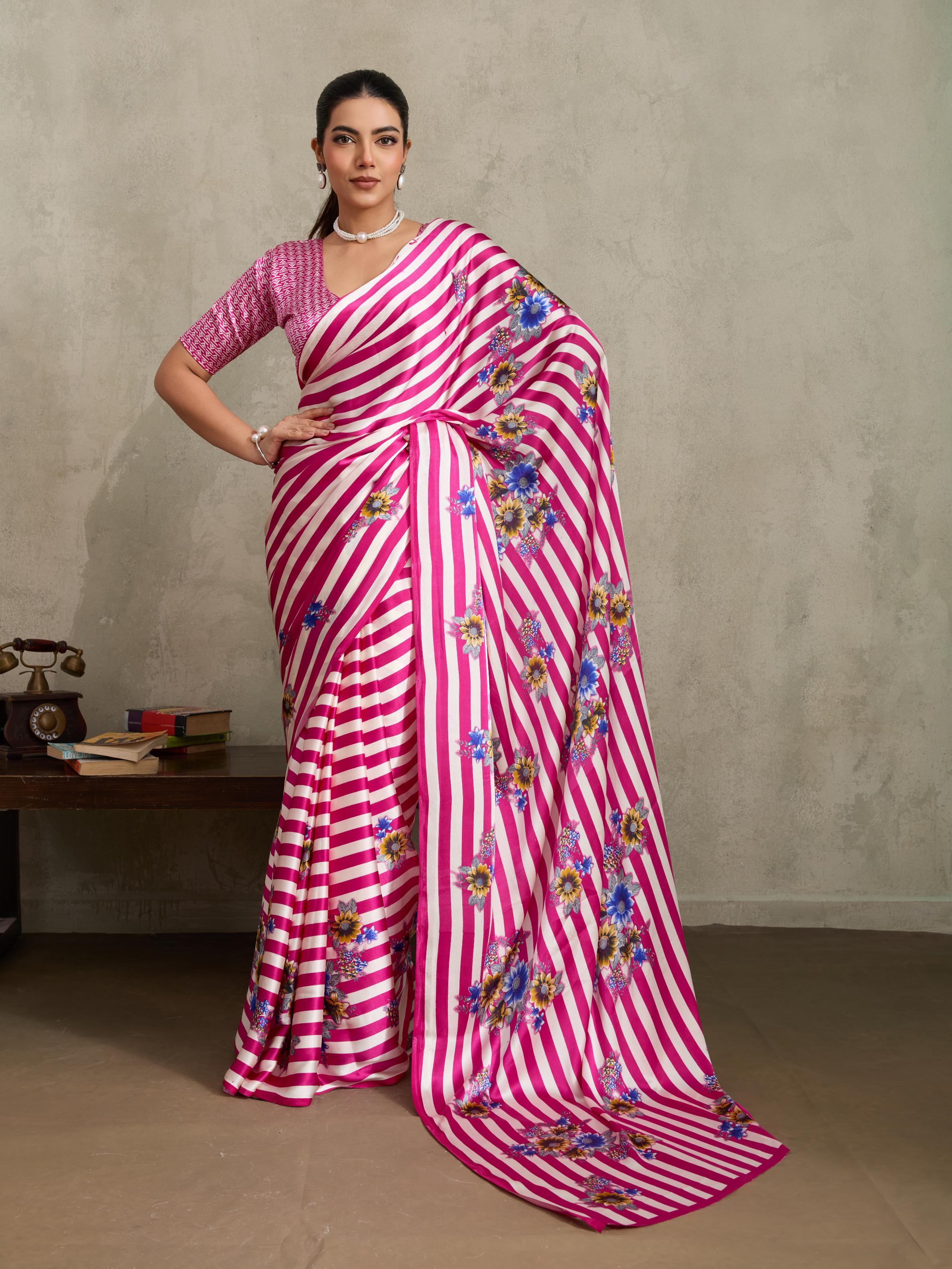 Neon Pink Ajrakh Printed Satin Crepe Soft Silk Saree With Blouse