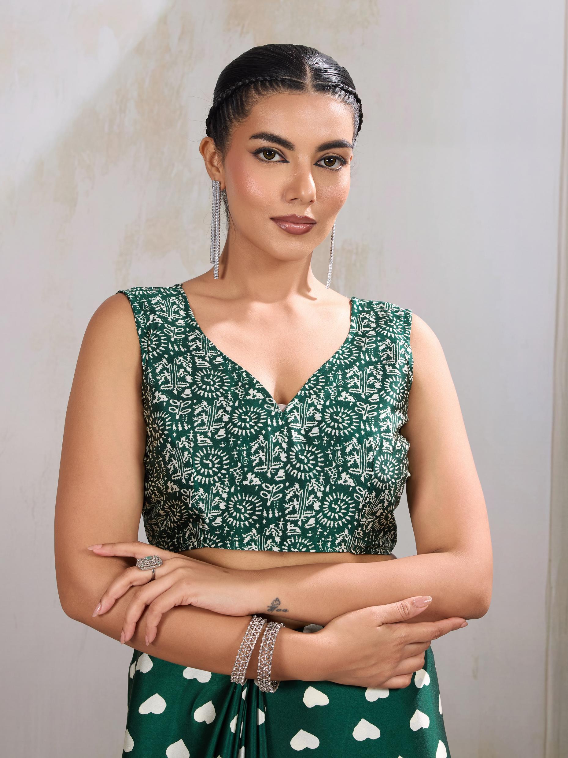 Basil Green Ajrakh Printed Satin Crepe Silk Saree