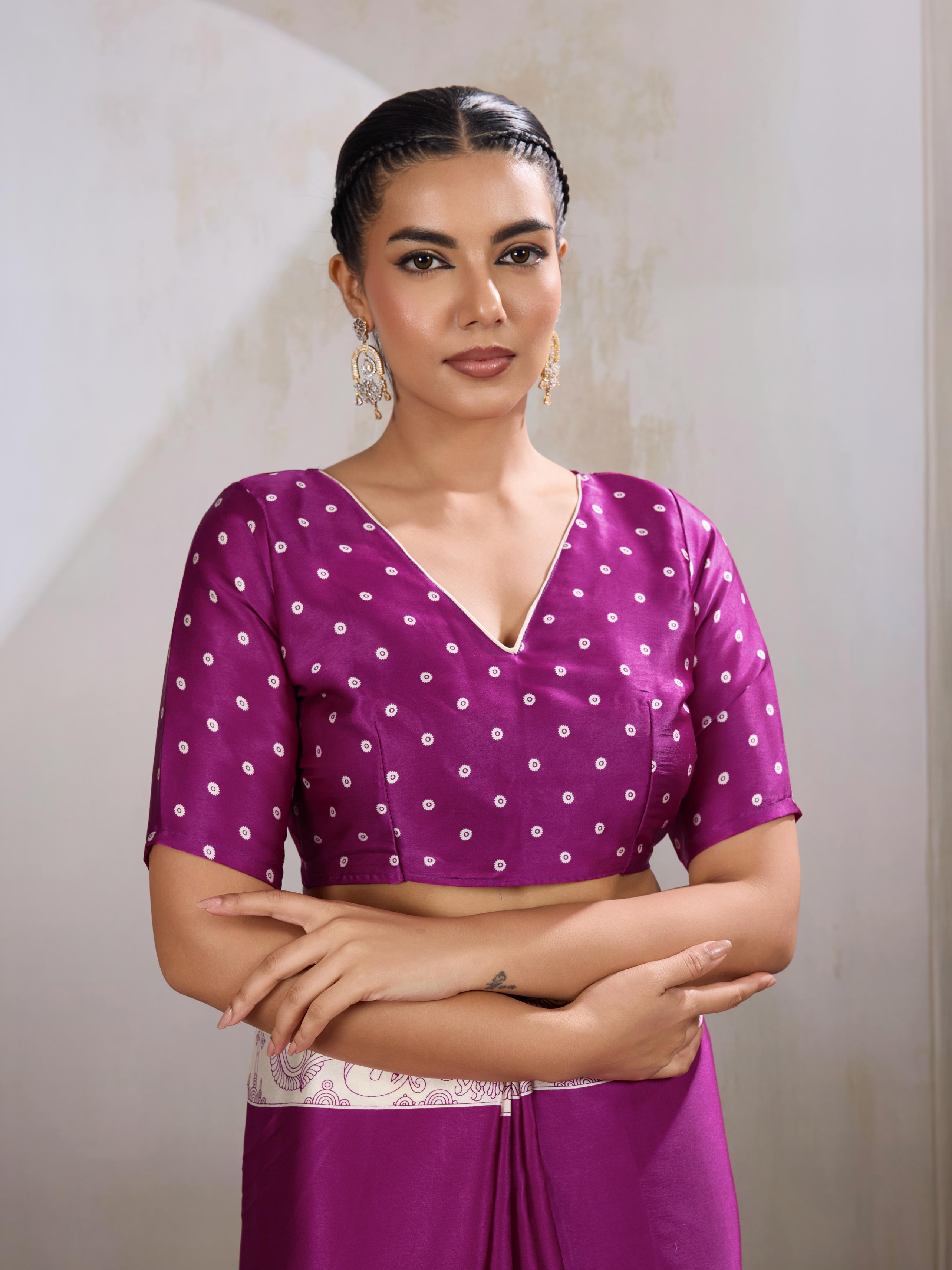 Periwinkle Purple  Ajrakh Printed Satin Crepe Silk Saree