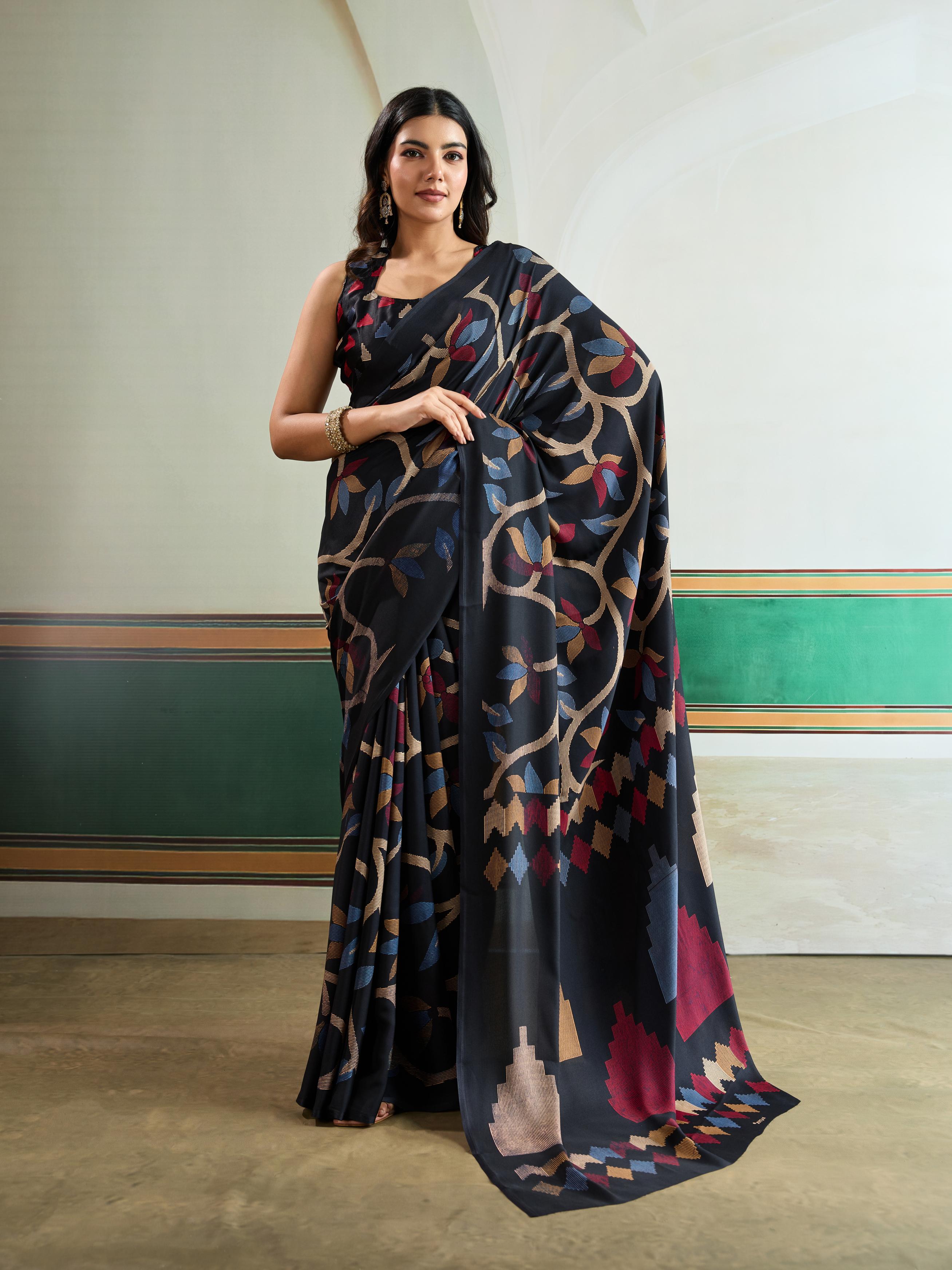 Coal Black Modal Ajrakh Printed Satin Silk Saree
