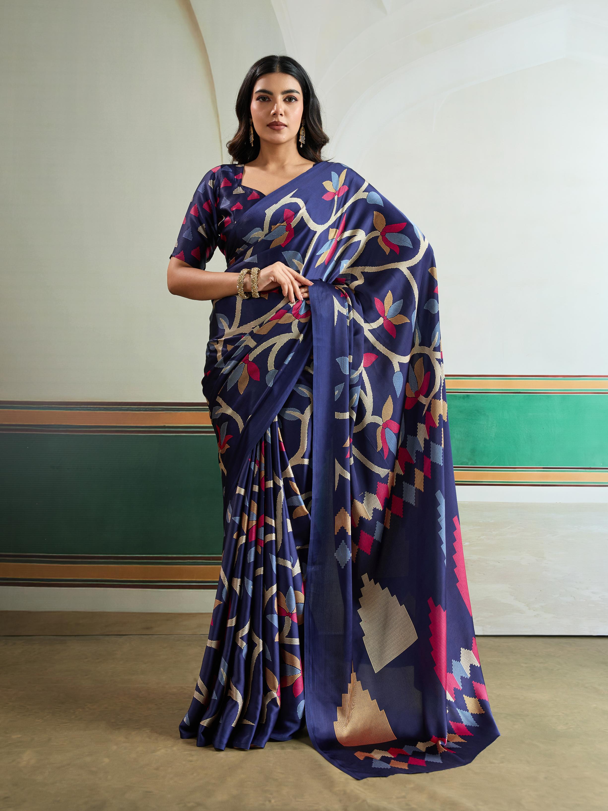 Venice Blue Modal Ajrakh Printed Satin Silk Saree