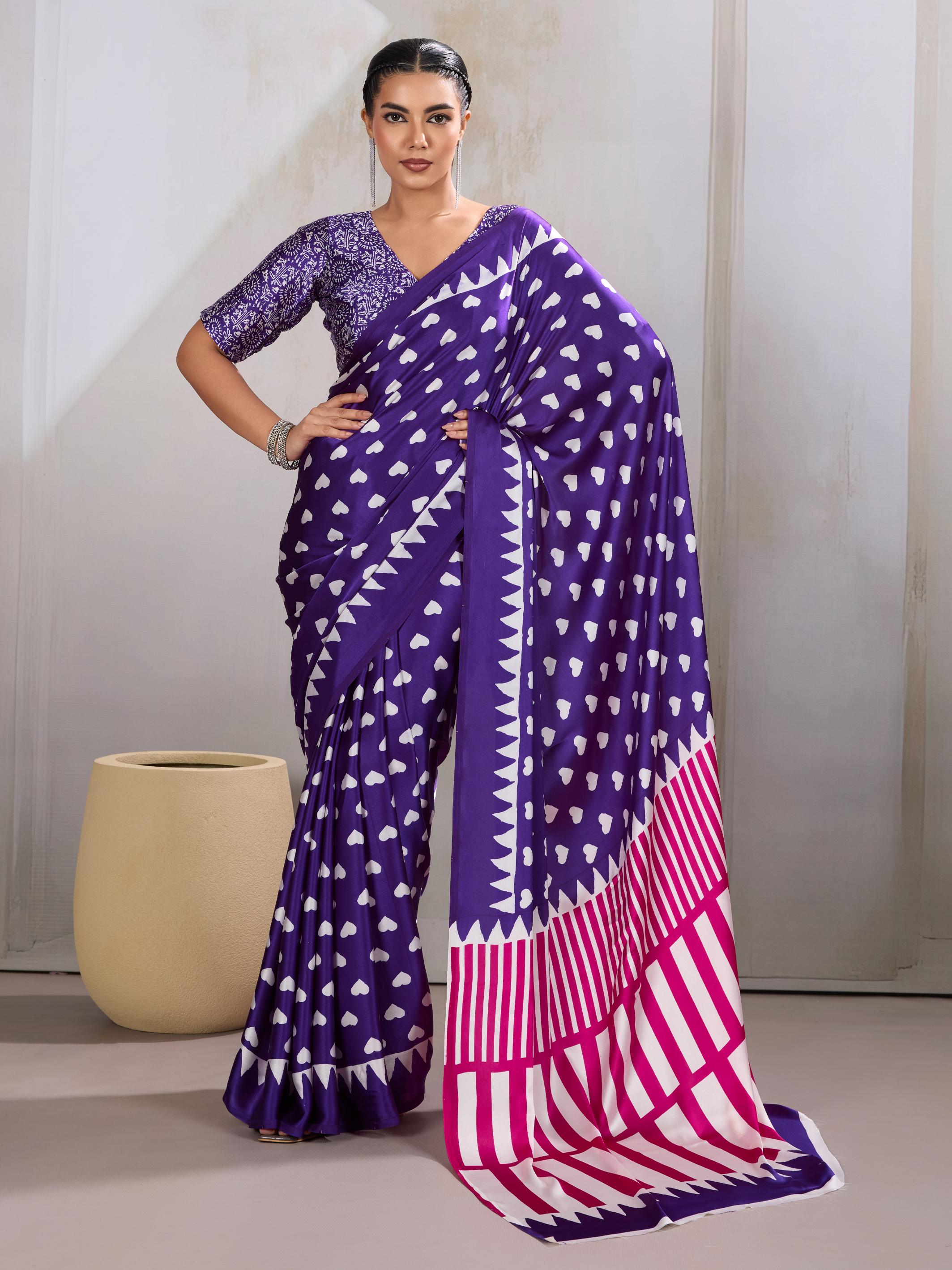 Heliotrope Purple Ajrakh Printed Satin Crepe Silk Saree