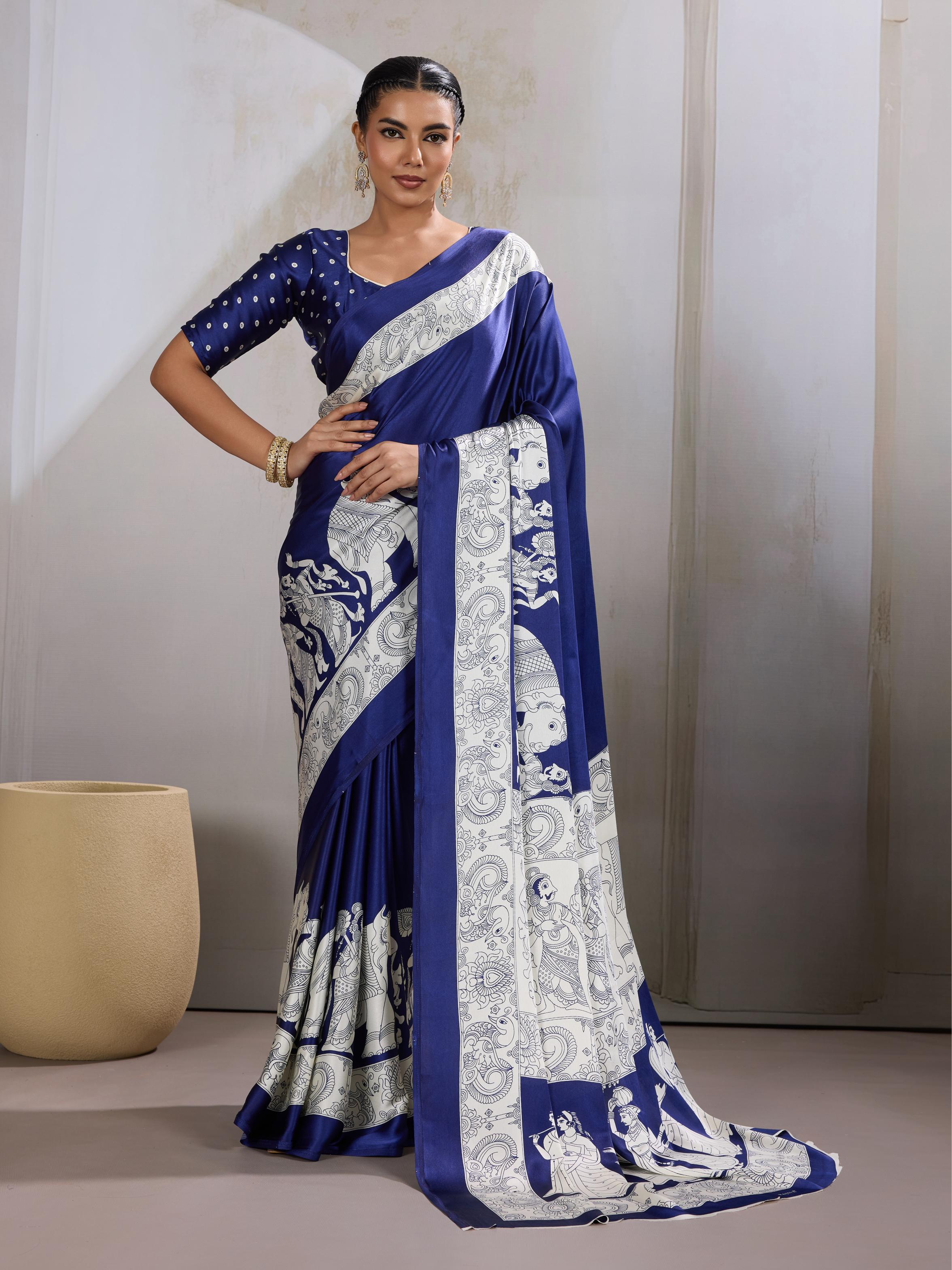 Bluebells Ajrakh Printed Satin Crepe Silk Saree