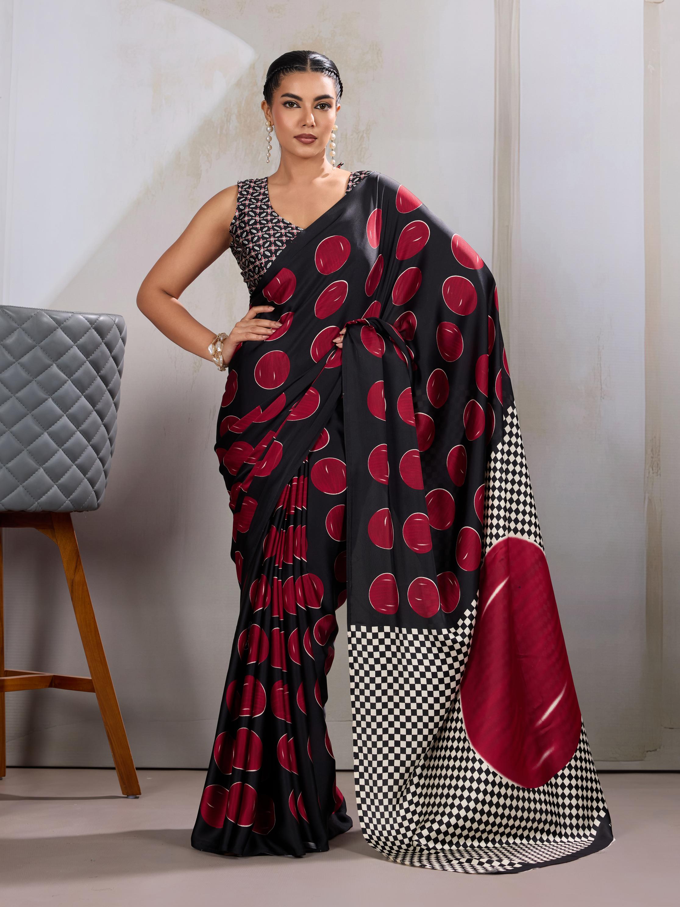 Brick Red Ajrakh Printed Satin Crepe Silk Saree