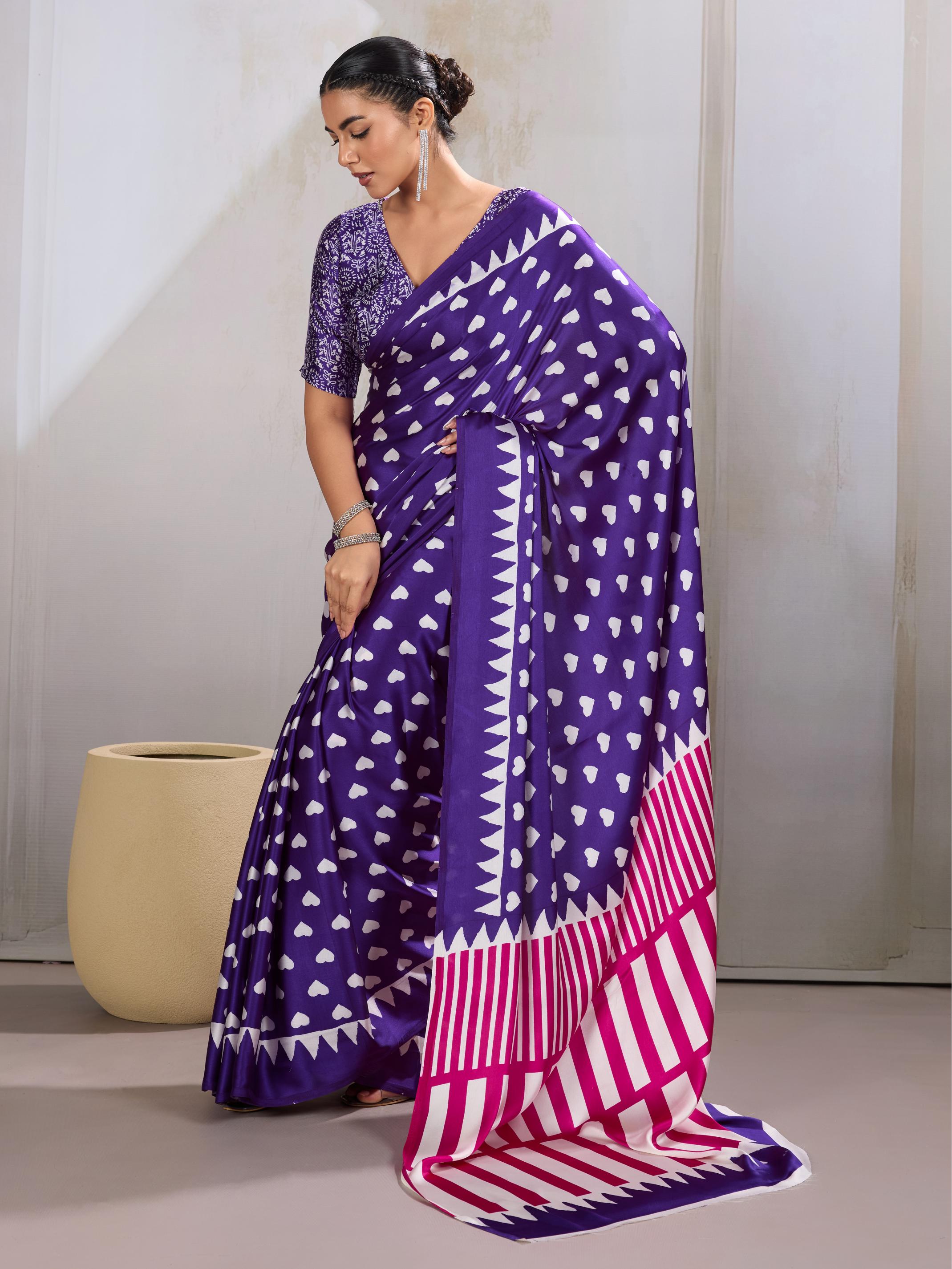 Heliotrope Purple Ajrakh Printed Satin Crepe Silk Saree