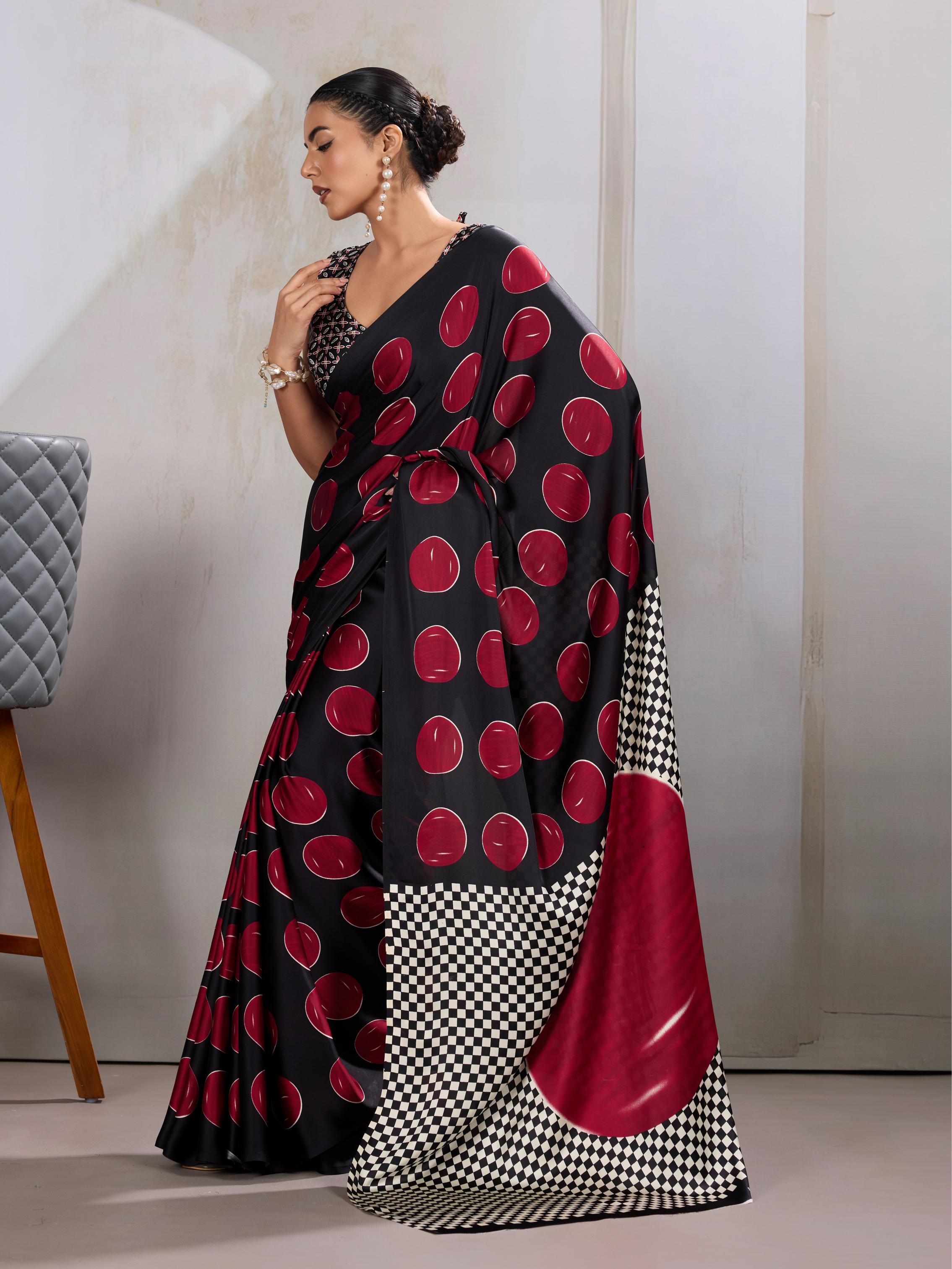 Brick Red Ajrakh Printed Satin Crepe Silk Saree