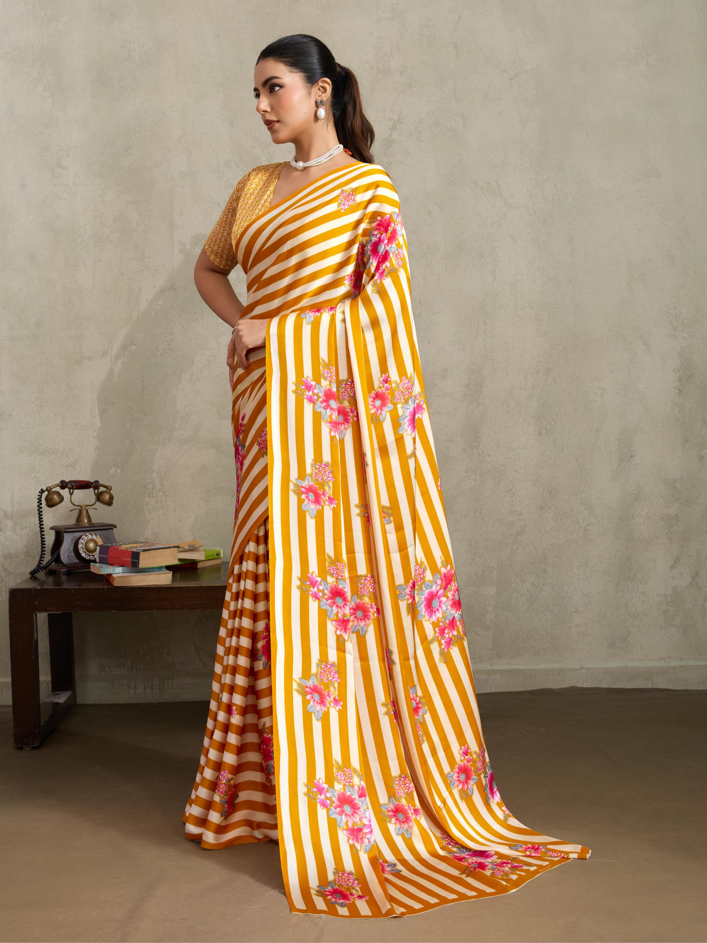 Minion Yellow Ajrakh Printed Satin Crepe Soft Silk Saree With Blouse