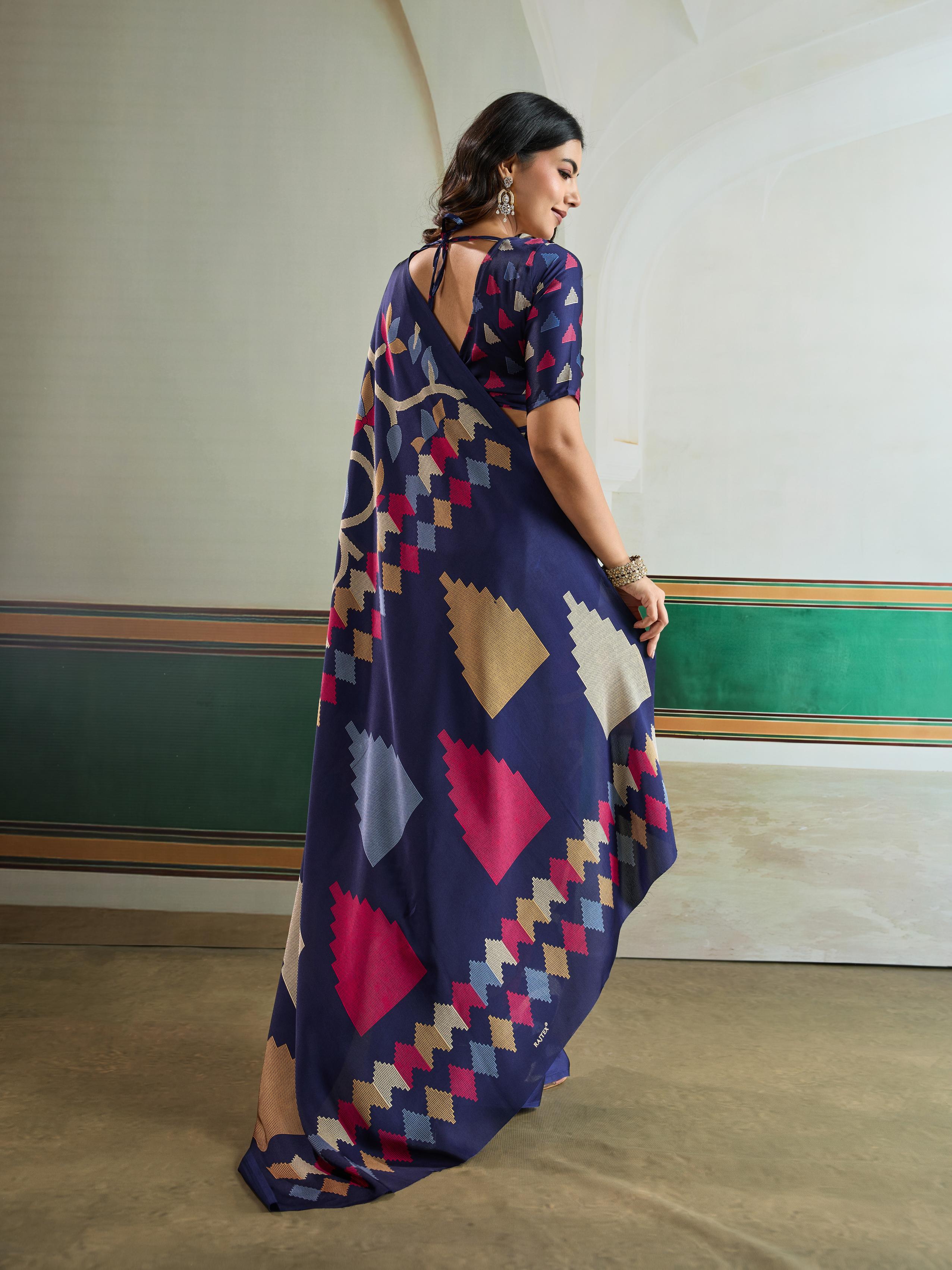 Venice Blue Modal Ajrakh Printed Satin Silk Saree