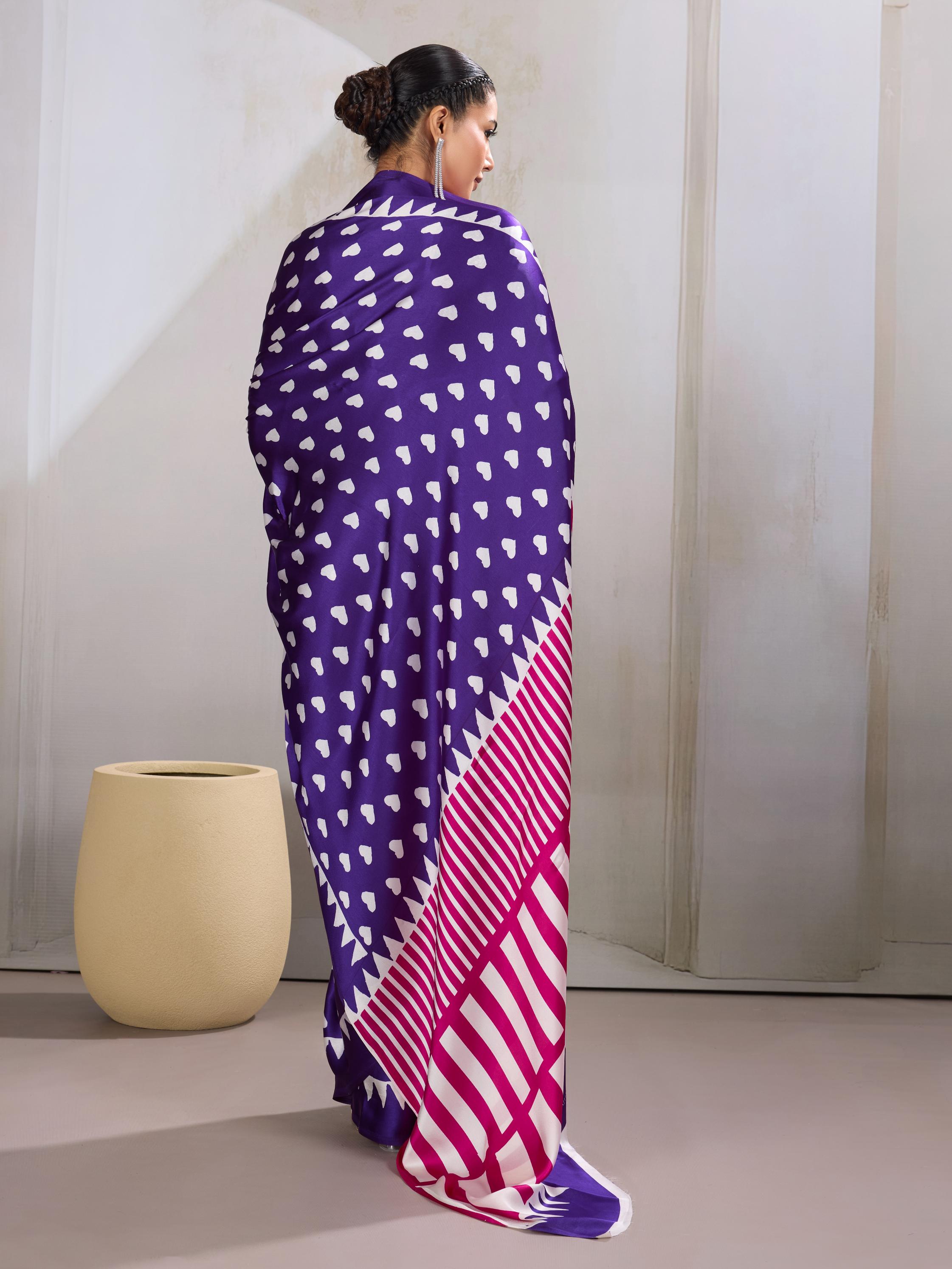 Heliotrope Purple Ajrakh Printed Satin Crepe Silk Saree