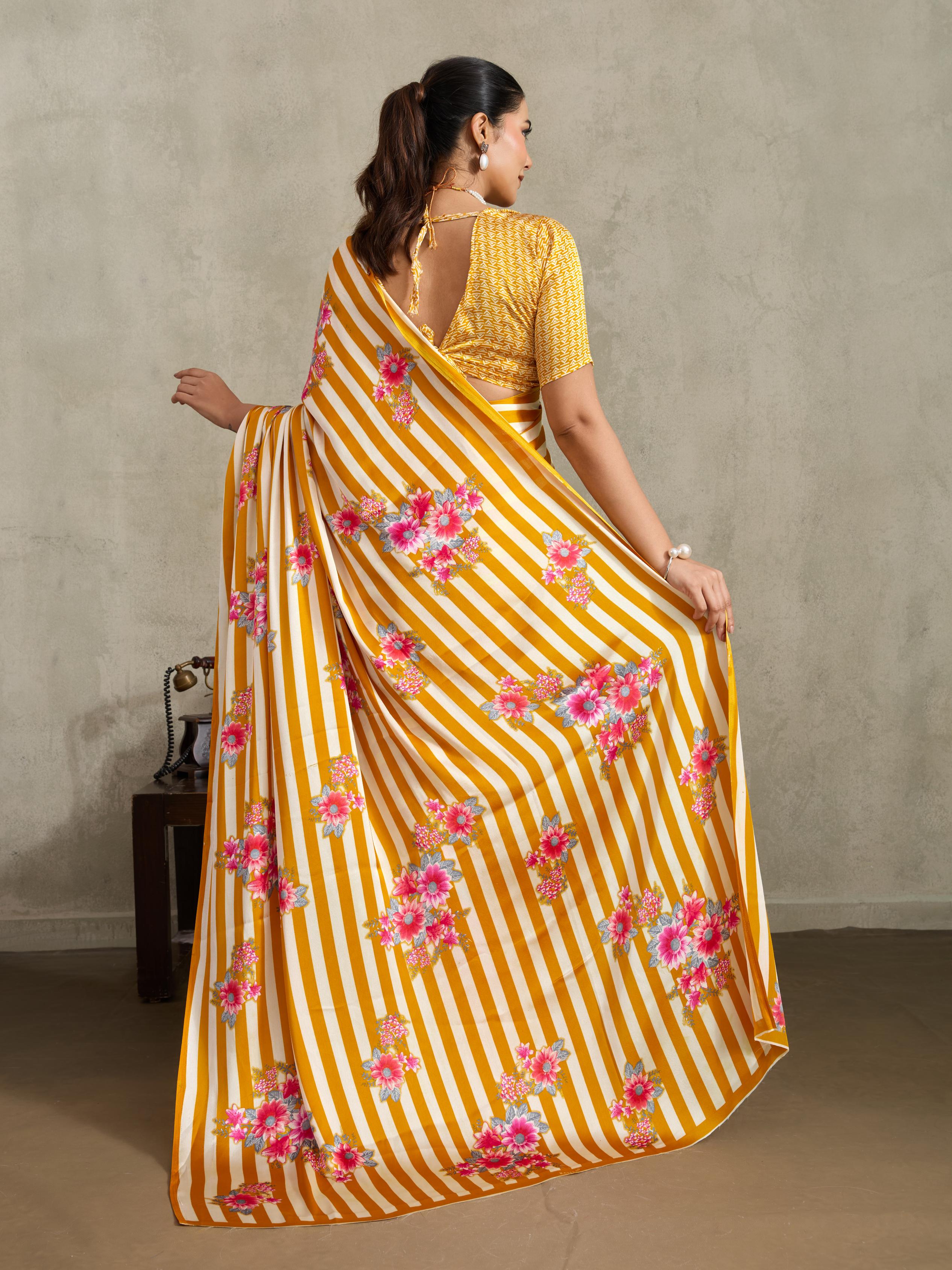 Minion Yellow Ajrakh Printed Satin Crepe Soft Silk Saree With Blouse
