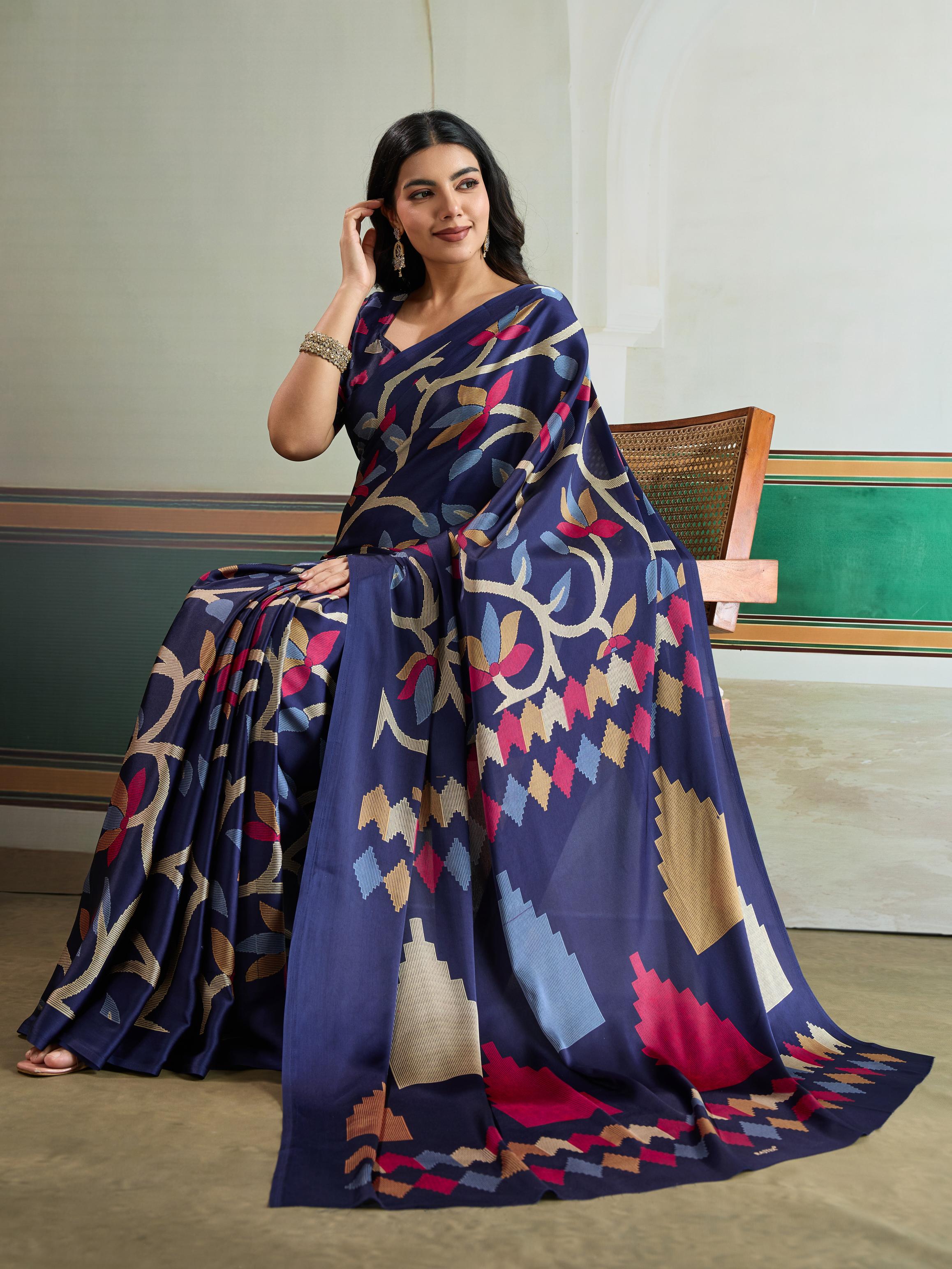 Venice Blue Modal Ajrakh Printed Satin Silk Saree