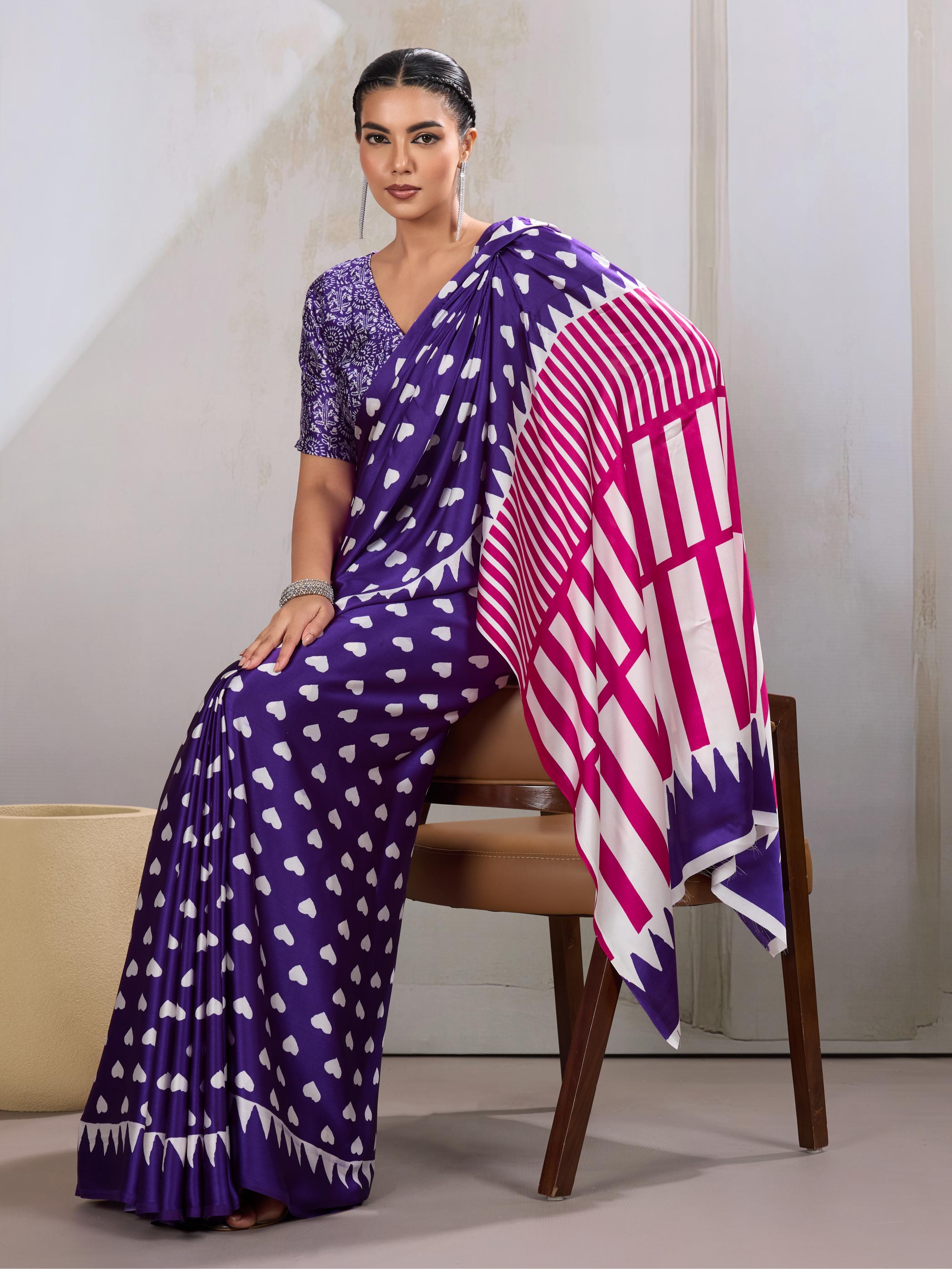 Heliotrope Purple Ajrakh Printed Satin Crepe Silk Saree