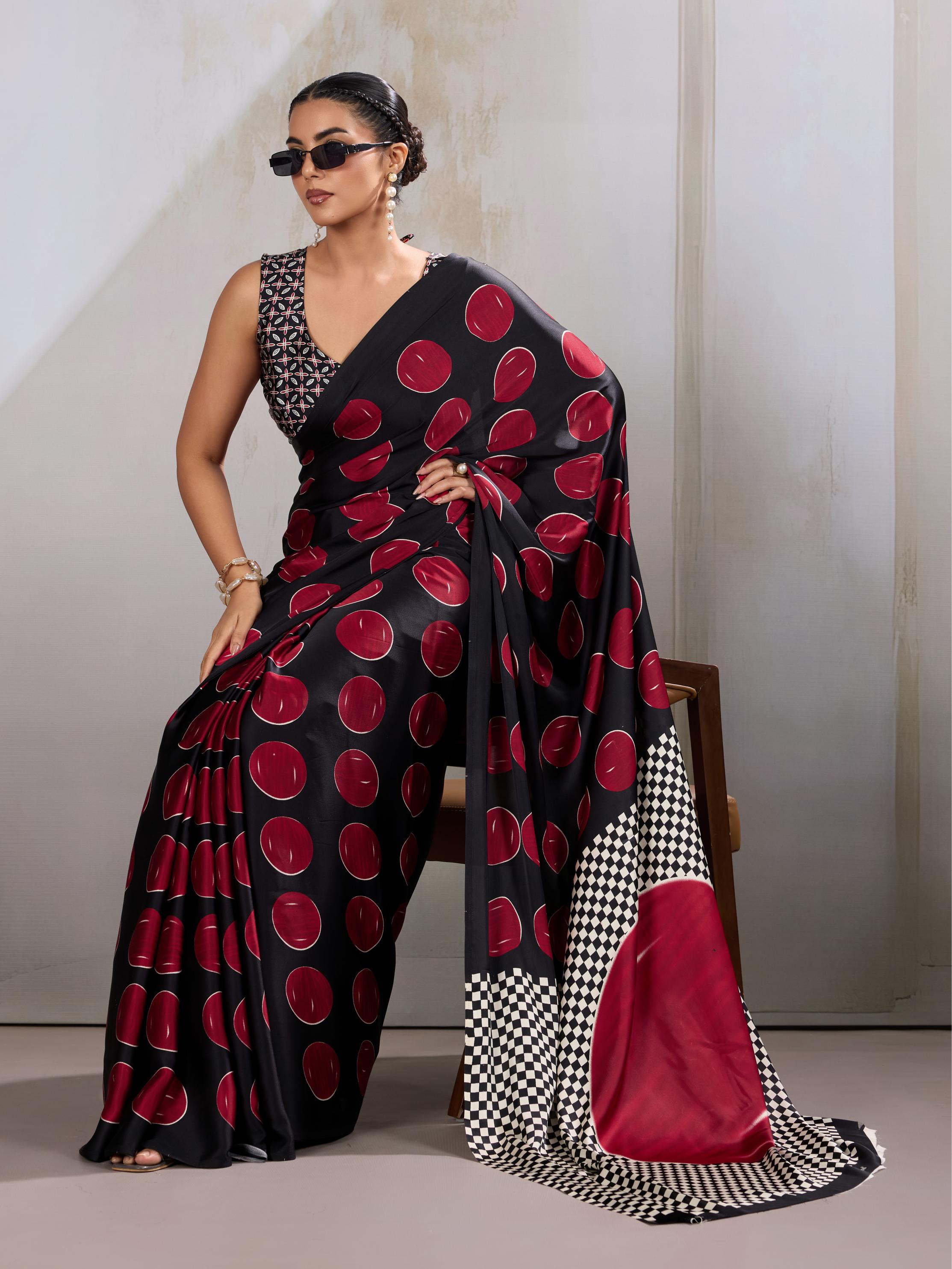 Brick Red Ajrakh Printed Satin Crepe Silk Saree