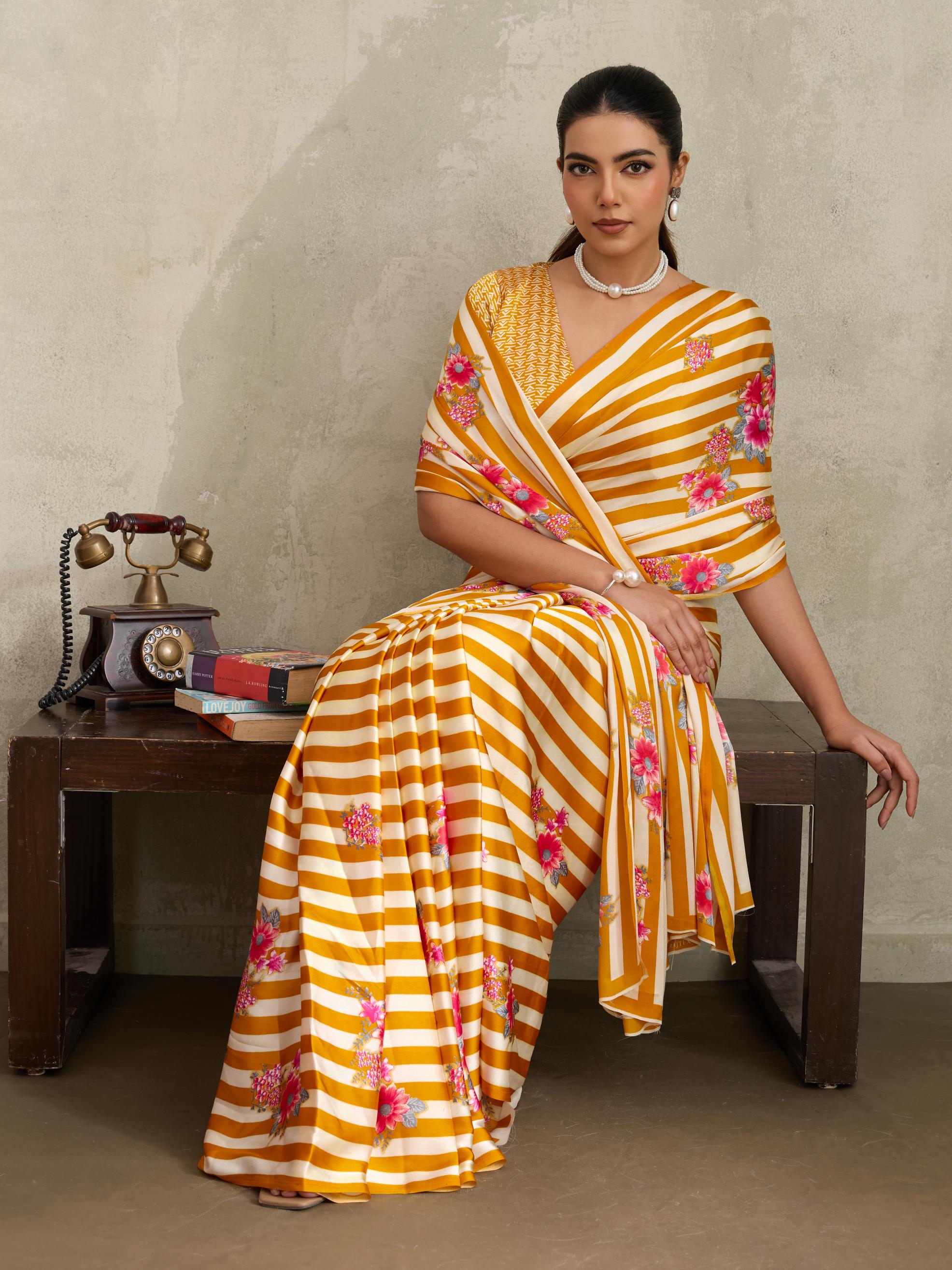Minion Yellow Ajrakh Printed Satin Crepe Soft Silk Saree With Blouse