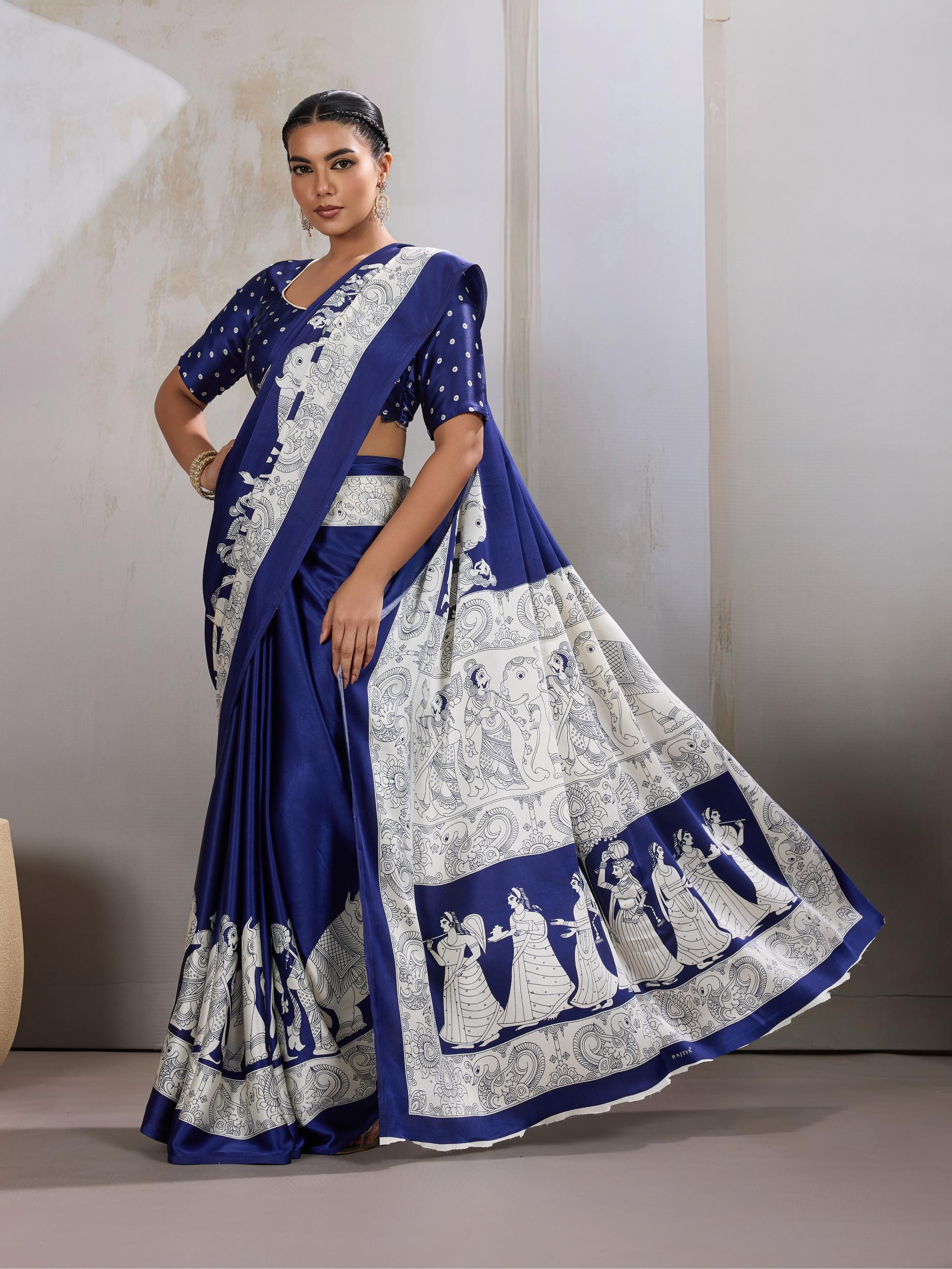 Bluebells Ajrakh Printed Satin Crepe Silk Saree