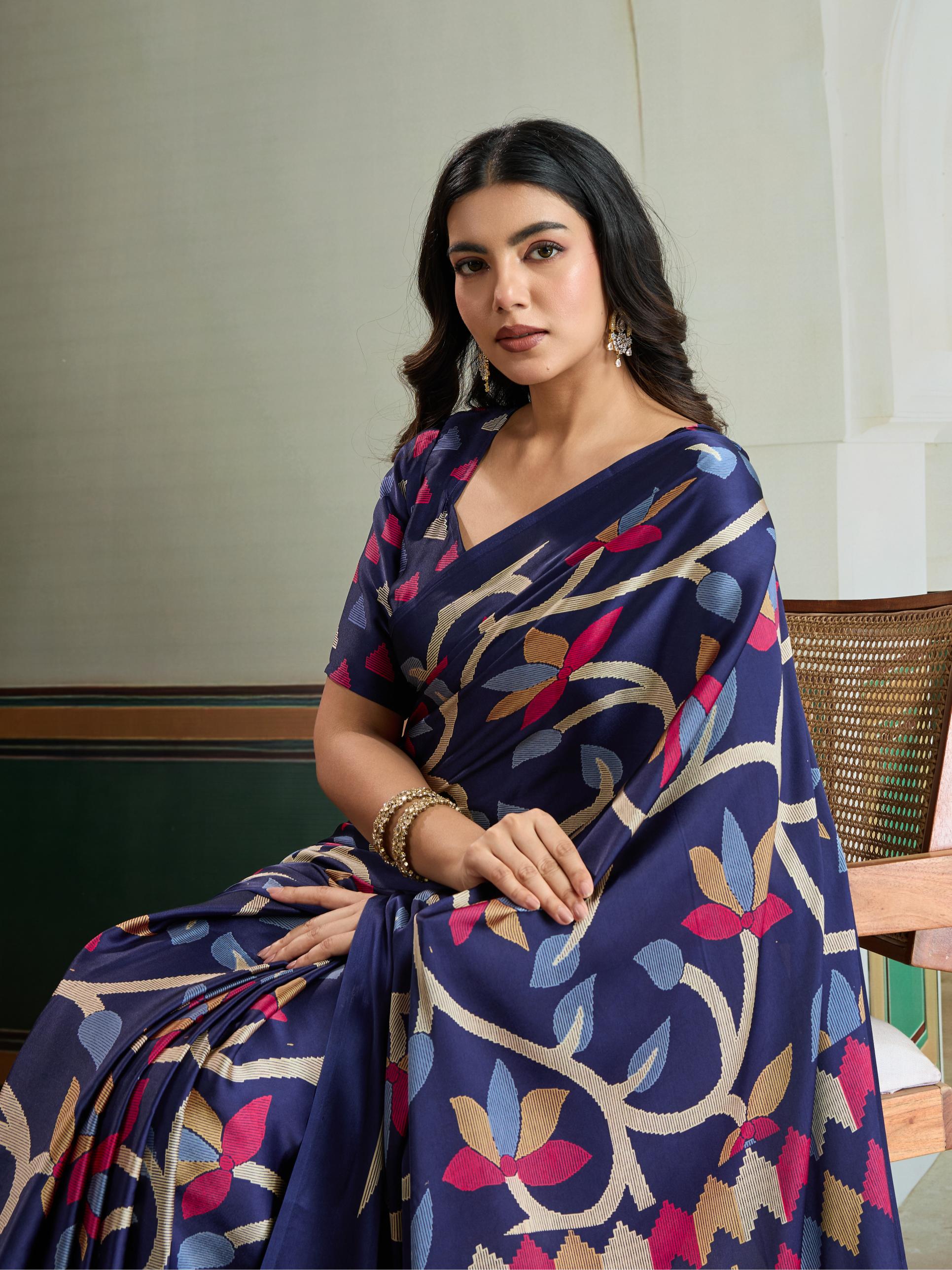 Venice Blue Modal Ajrakh Printed Satin Silk Saree