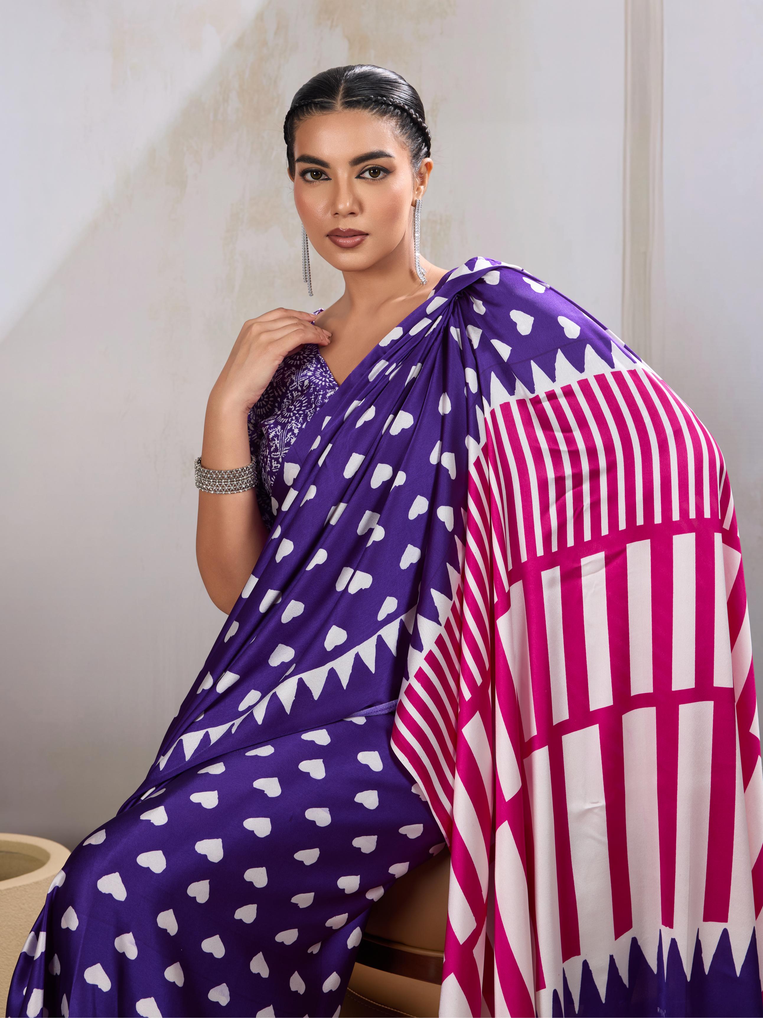 Heliotrope Purple Ajrakh Printed Satin Crepe Silk Saree