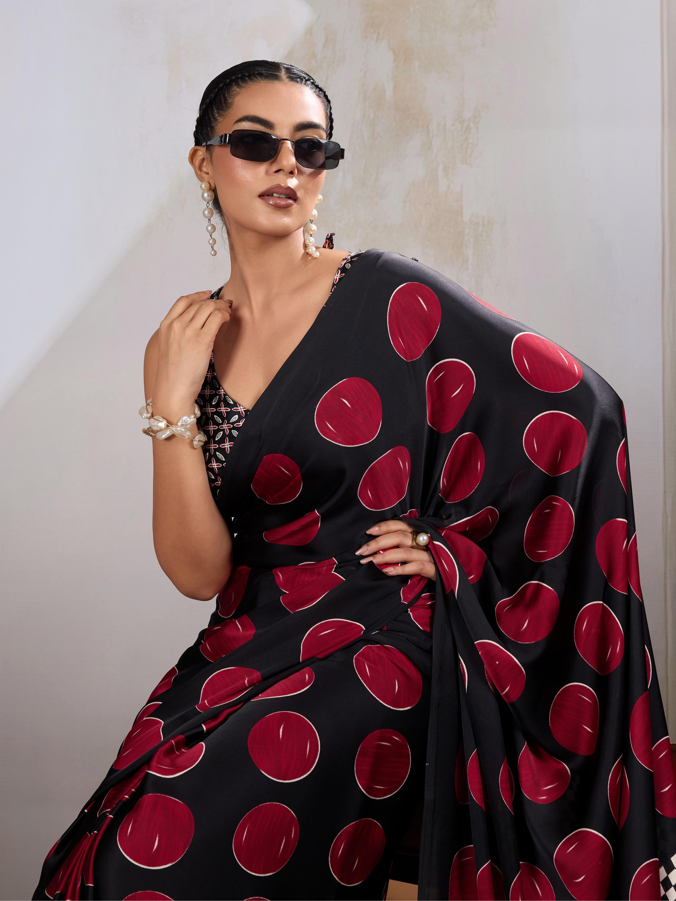 Brick Red Ajrakh Printed Satin Crepe Silk Saree