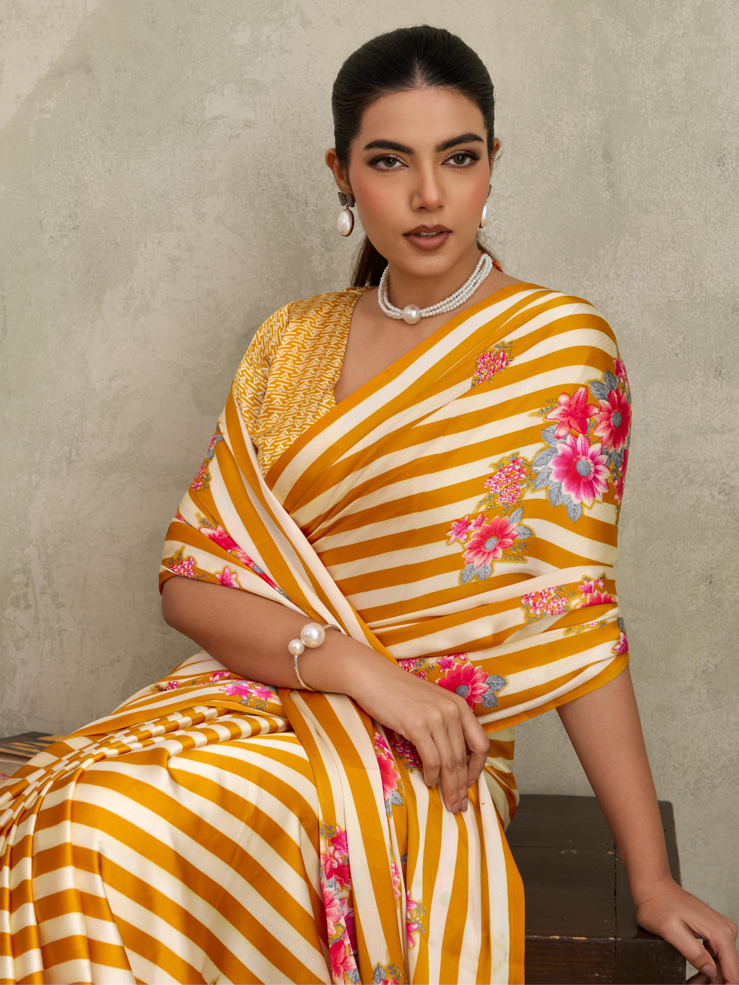 Minion Yellow Ajrakh Printed Satin Crepe Soft Silk Saree With Blouse