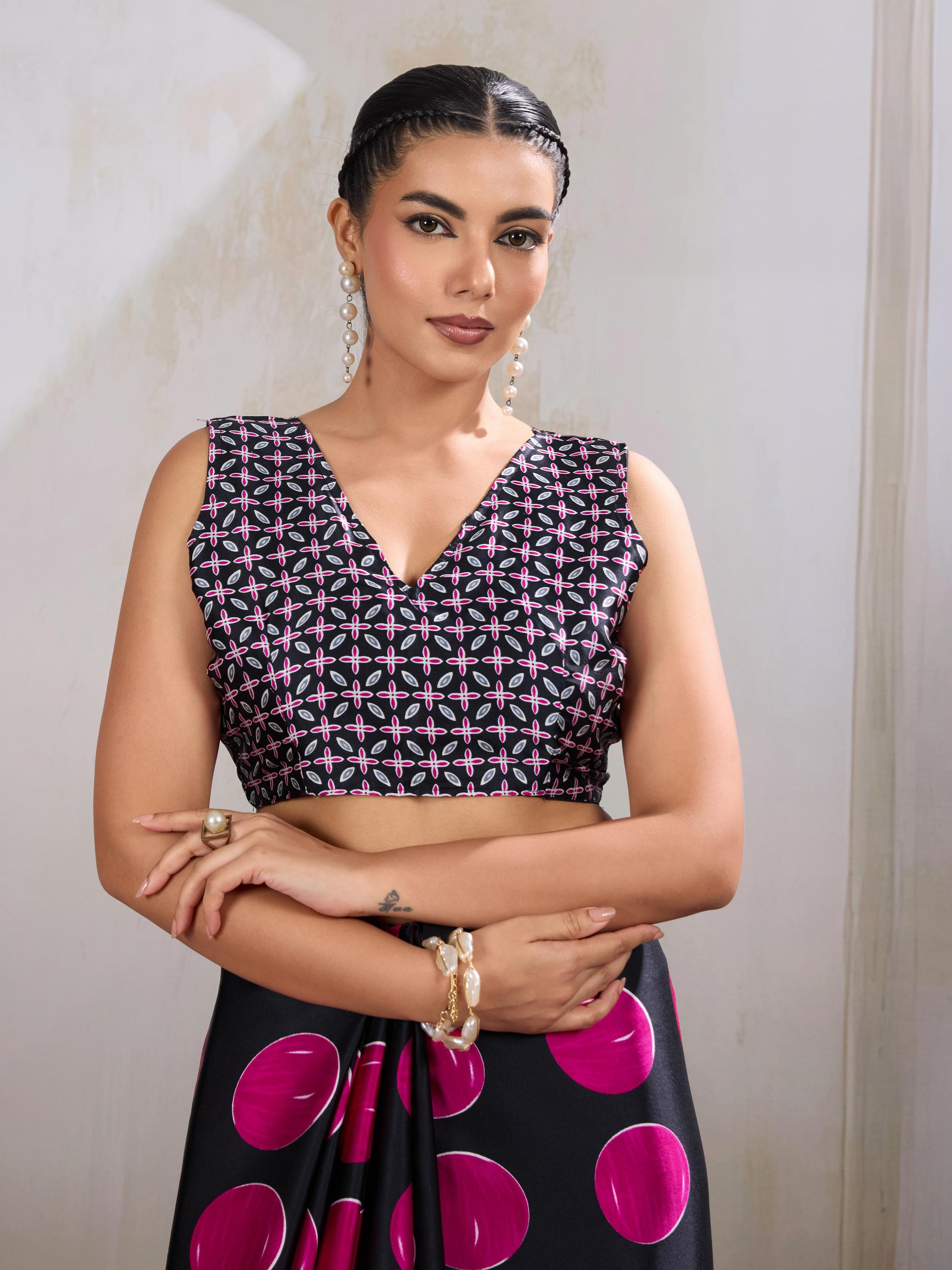 Magenta Pink Ajrakh Printed Satin Crepe Silk Saree