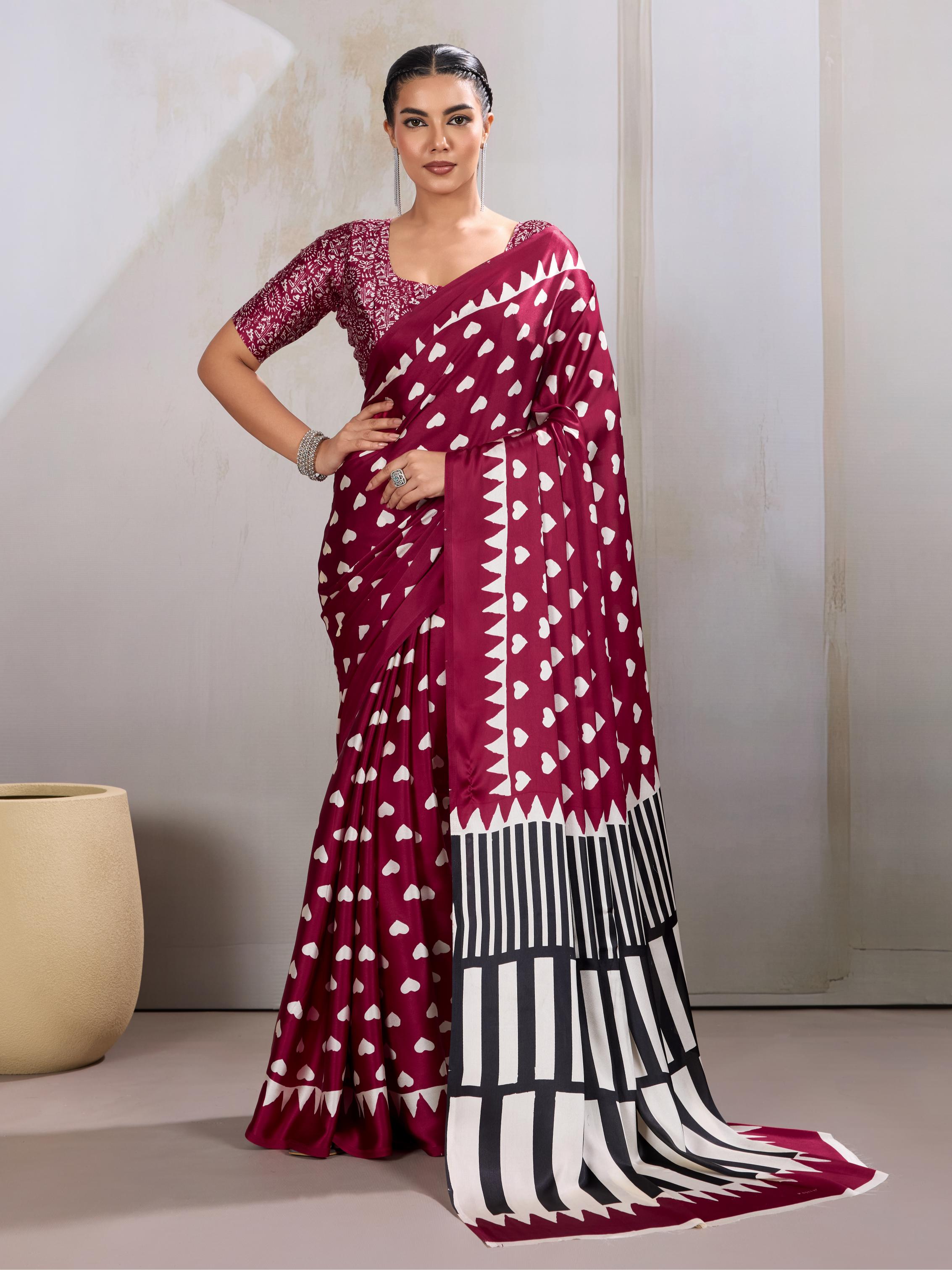 Poppies Maroon Ajrakh Printed Satin Crepe Silk Saree