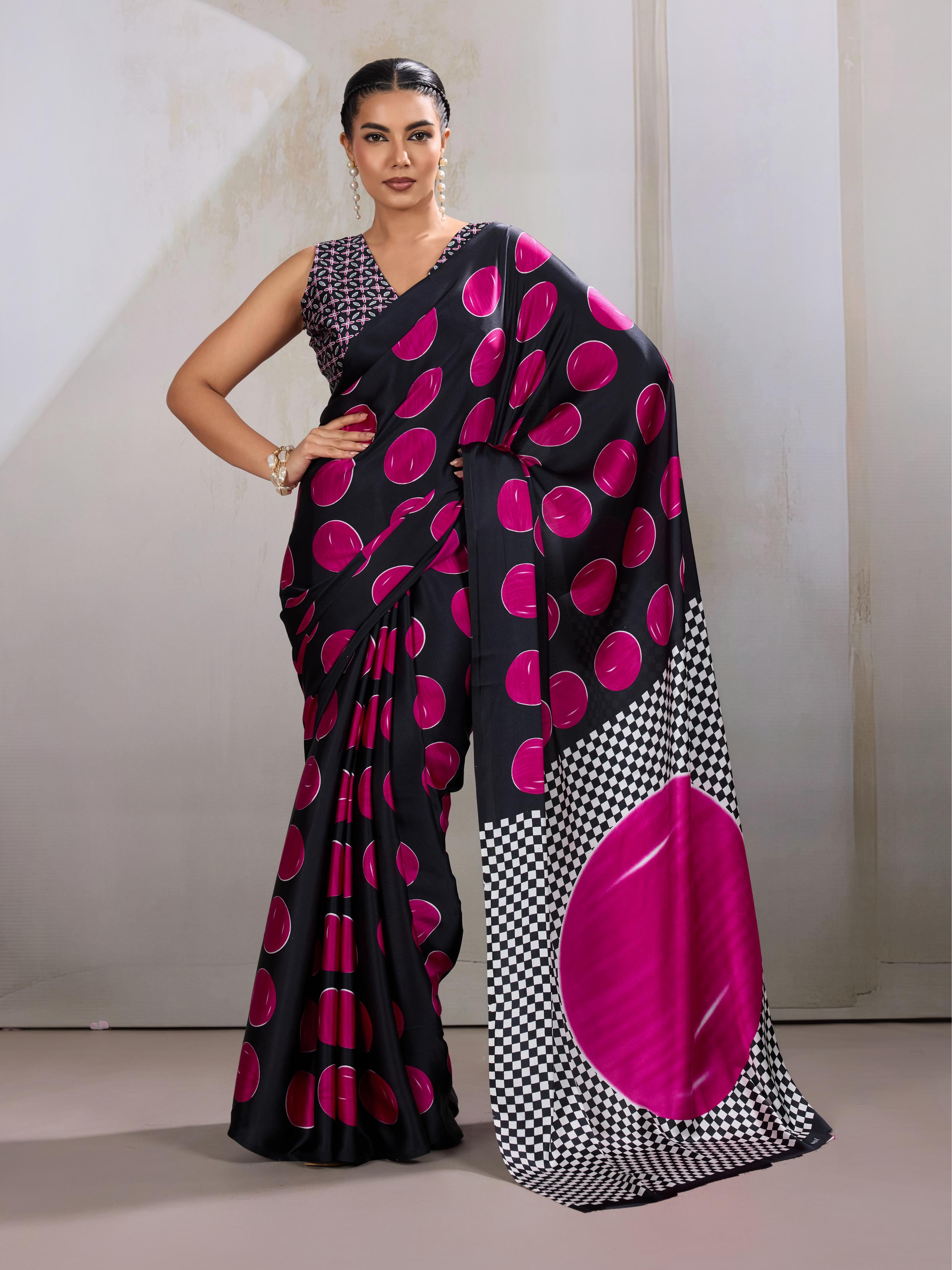 Magenta Pink Ajrakh Printed Satin Crepe Silk Saree