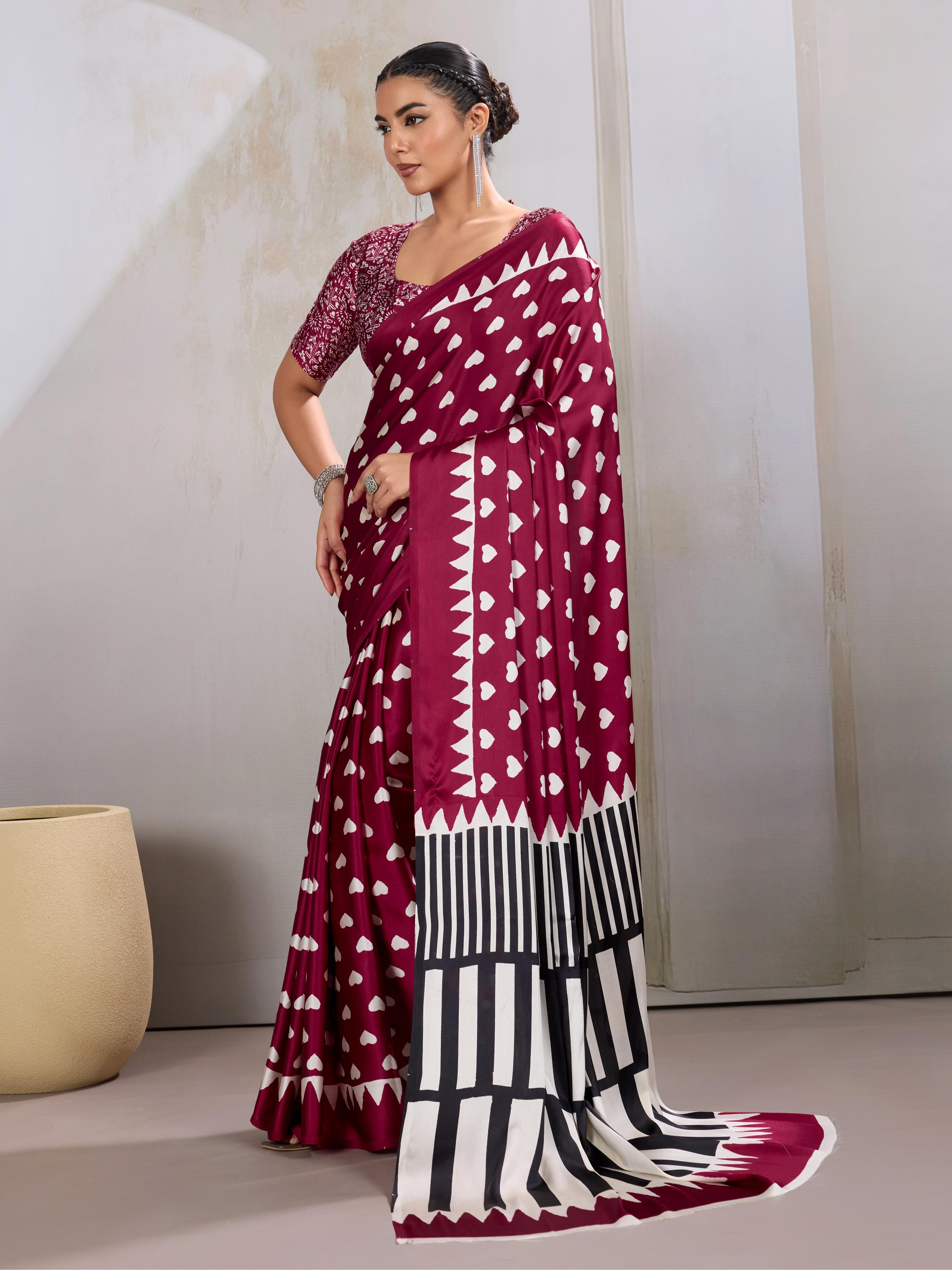 Poppies Maroon Ajrakh Printed Satin Crepe Silk Saree