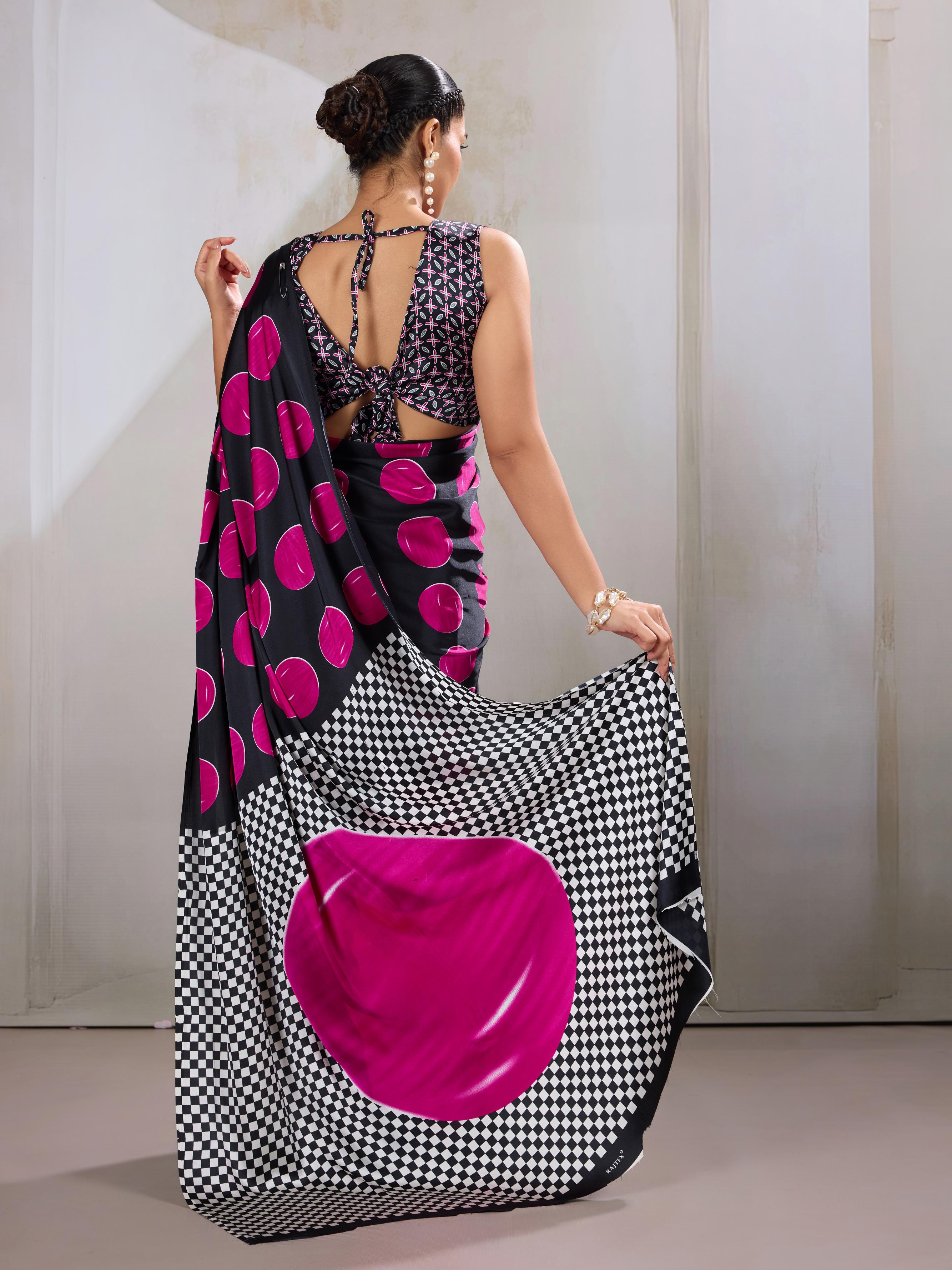 Magenta Pink Ajrakh Printed Satin Crepe Silk Saree