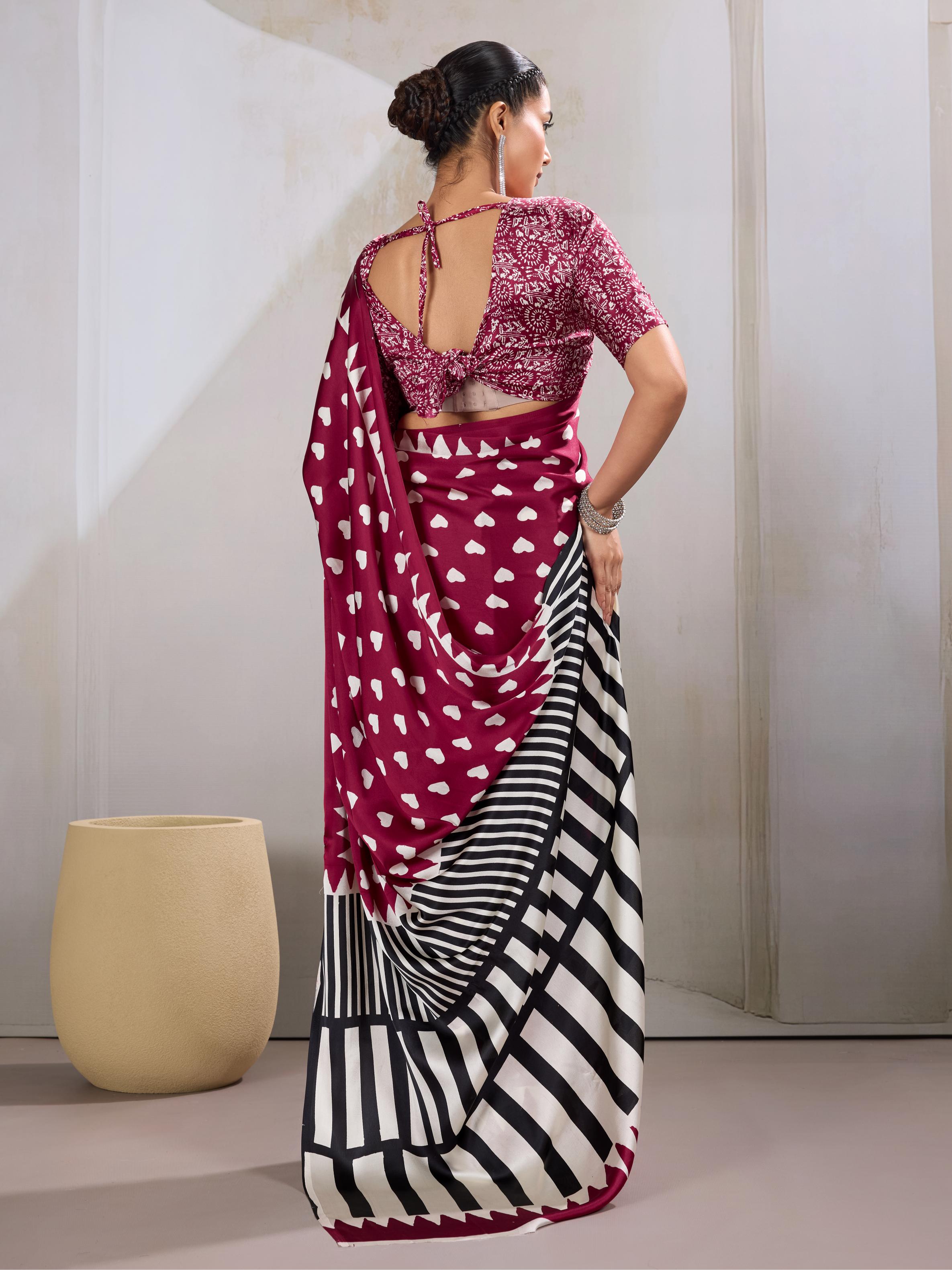 Poppies Maroon Ajrakh Printed Satin Crepe Silk Saree