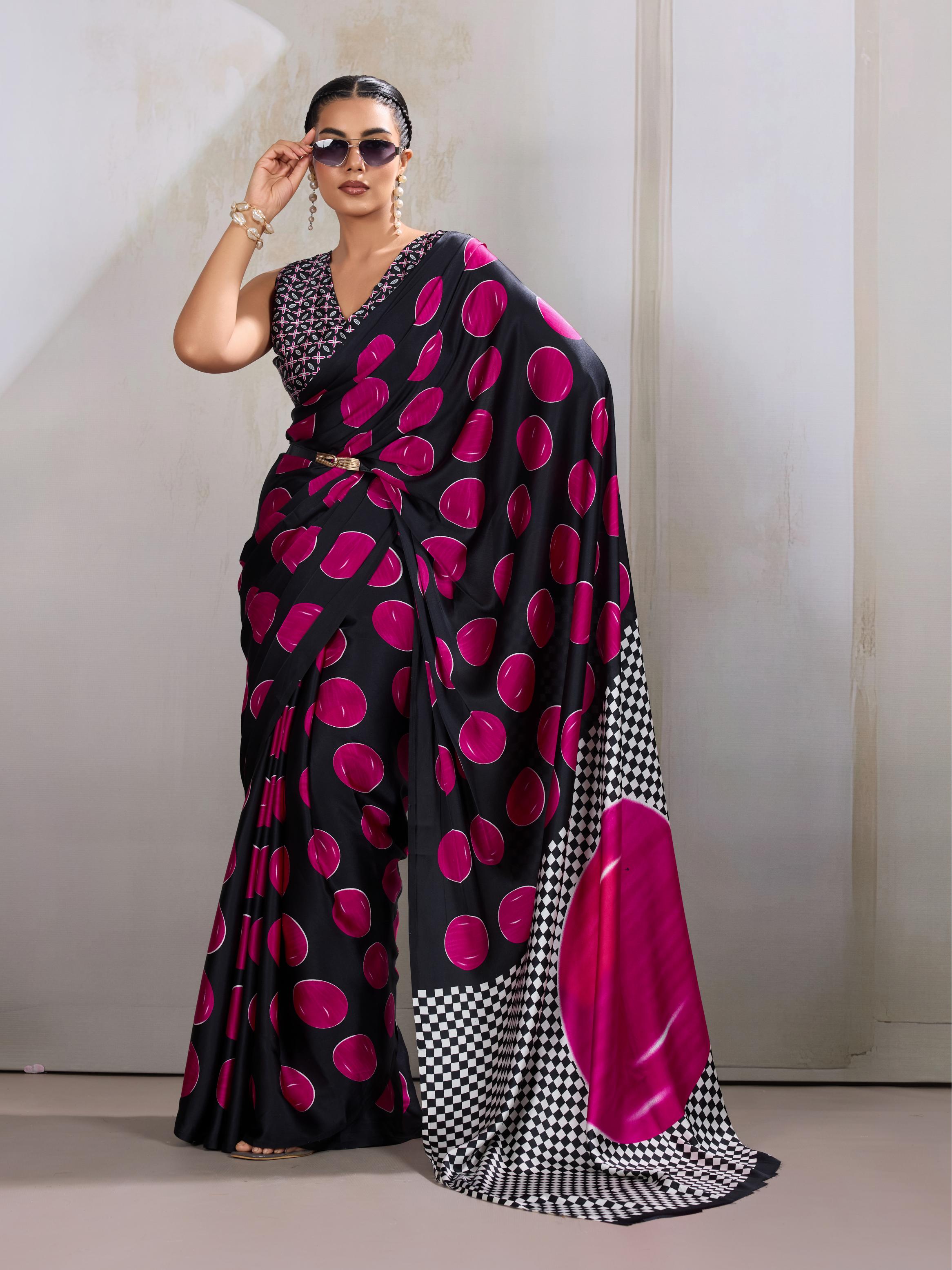 Magenta Pink Ajrakh Printed Satin Crepe Silk Saree