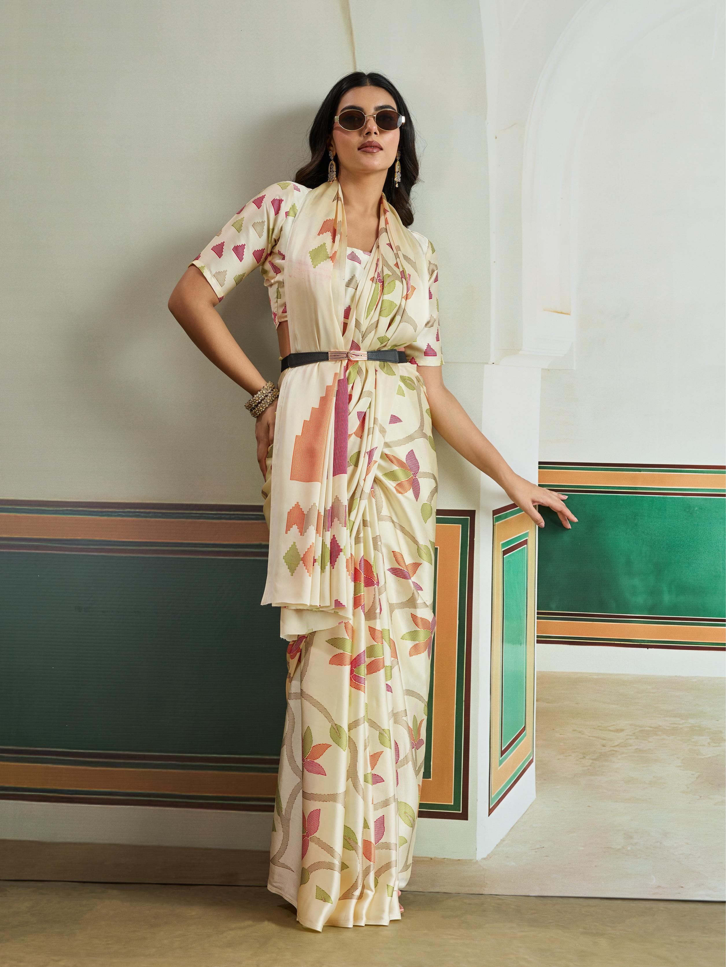 Windstor Cream Modal Ajrakh Printed Satin Silk Saree