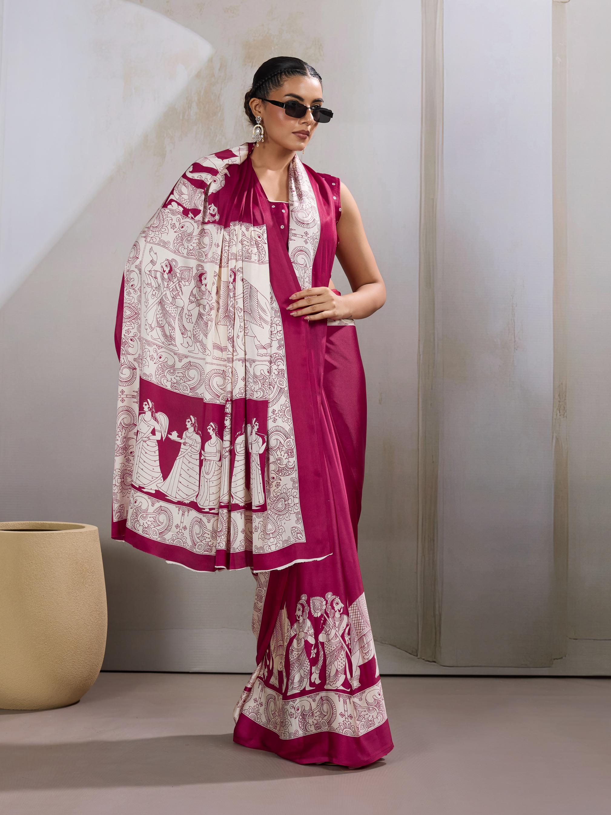 Anemones Maroon Ajrakh Printed Satin Crepe Silk Saree