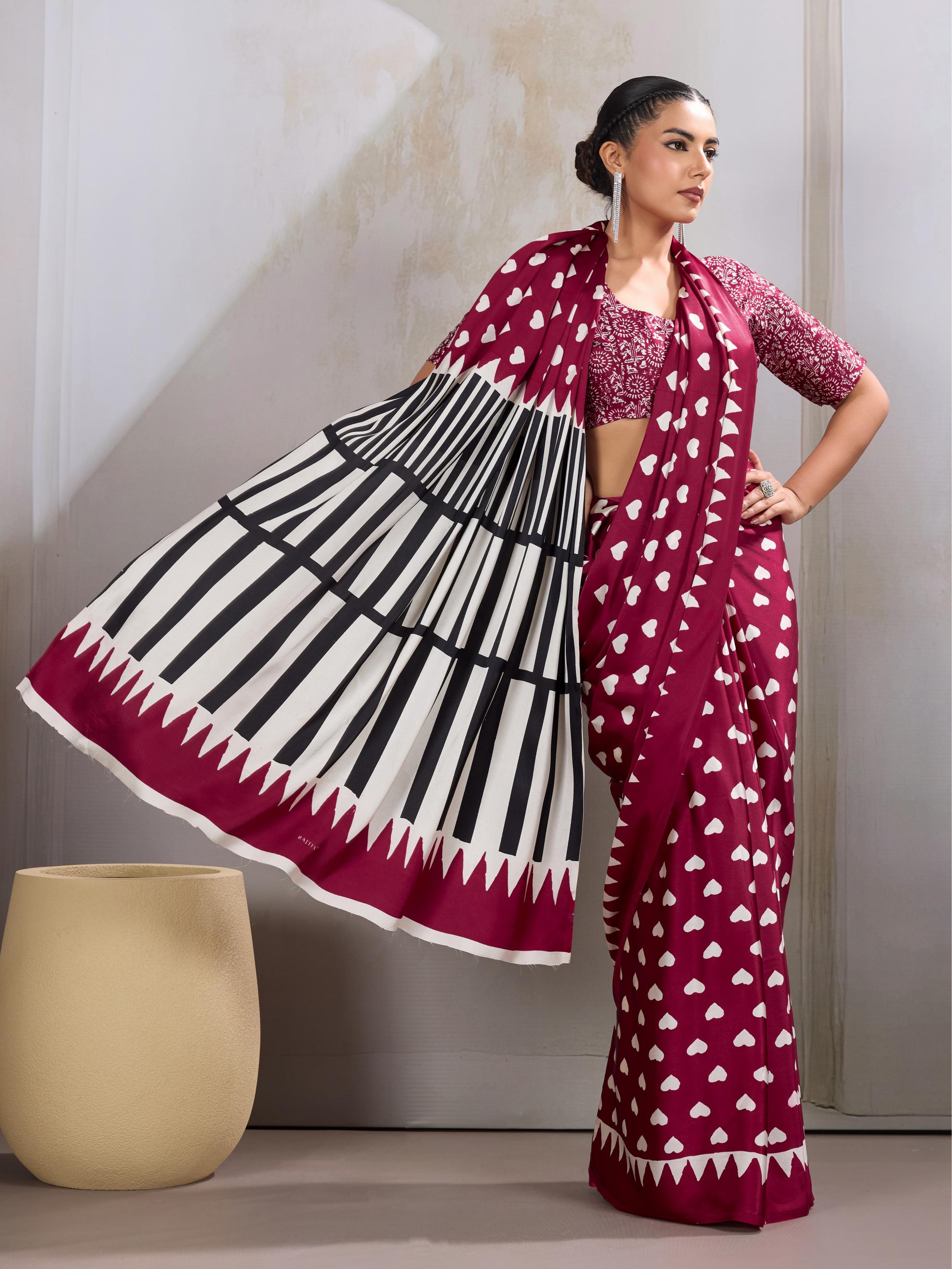 Poppies Maroon Ajrakh Printed Satin Crepe Silk Saree