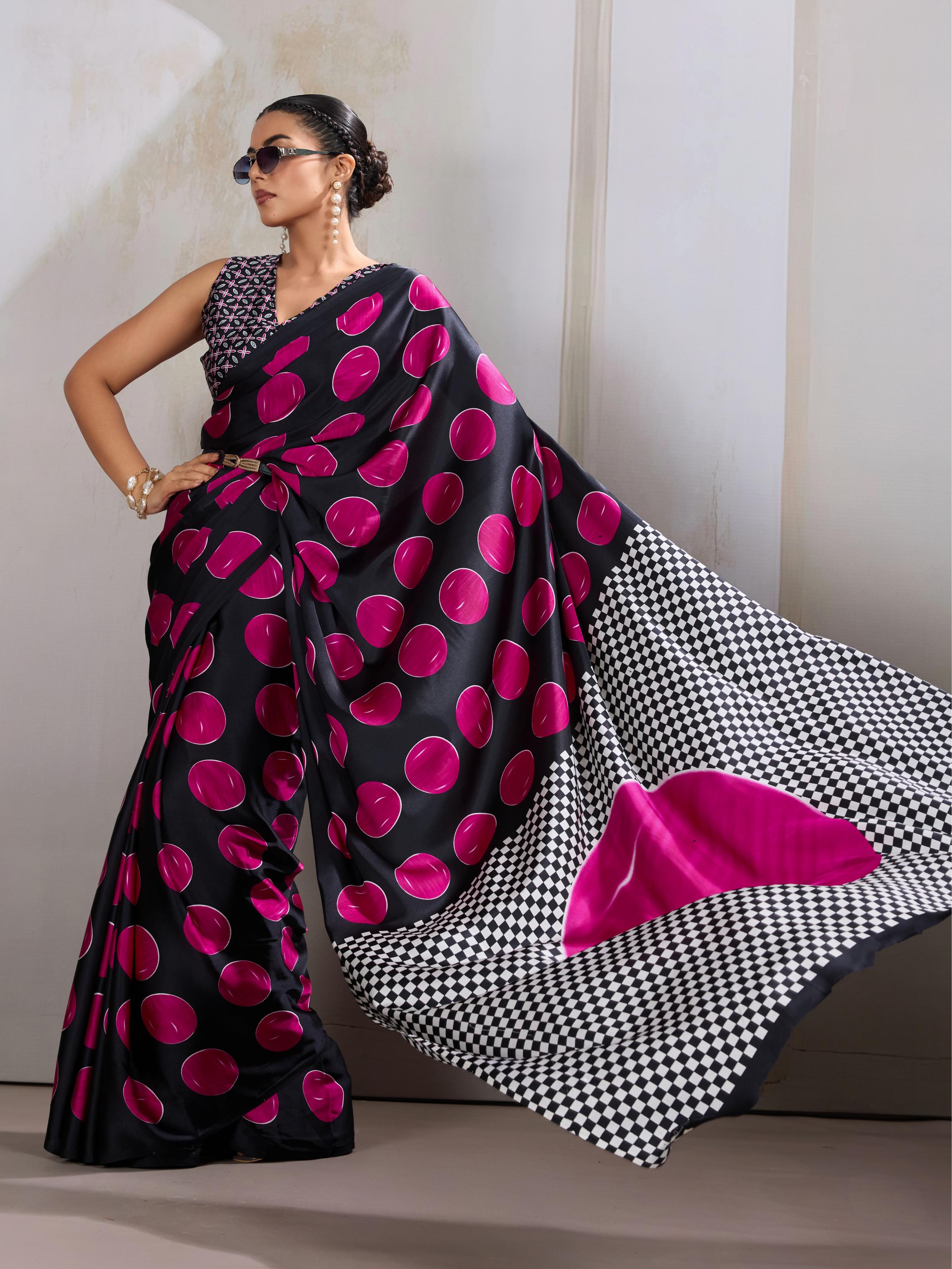 Magenta Pink Ajrakh Printed Satin Crepe Silk Saree