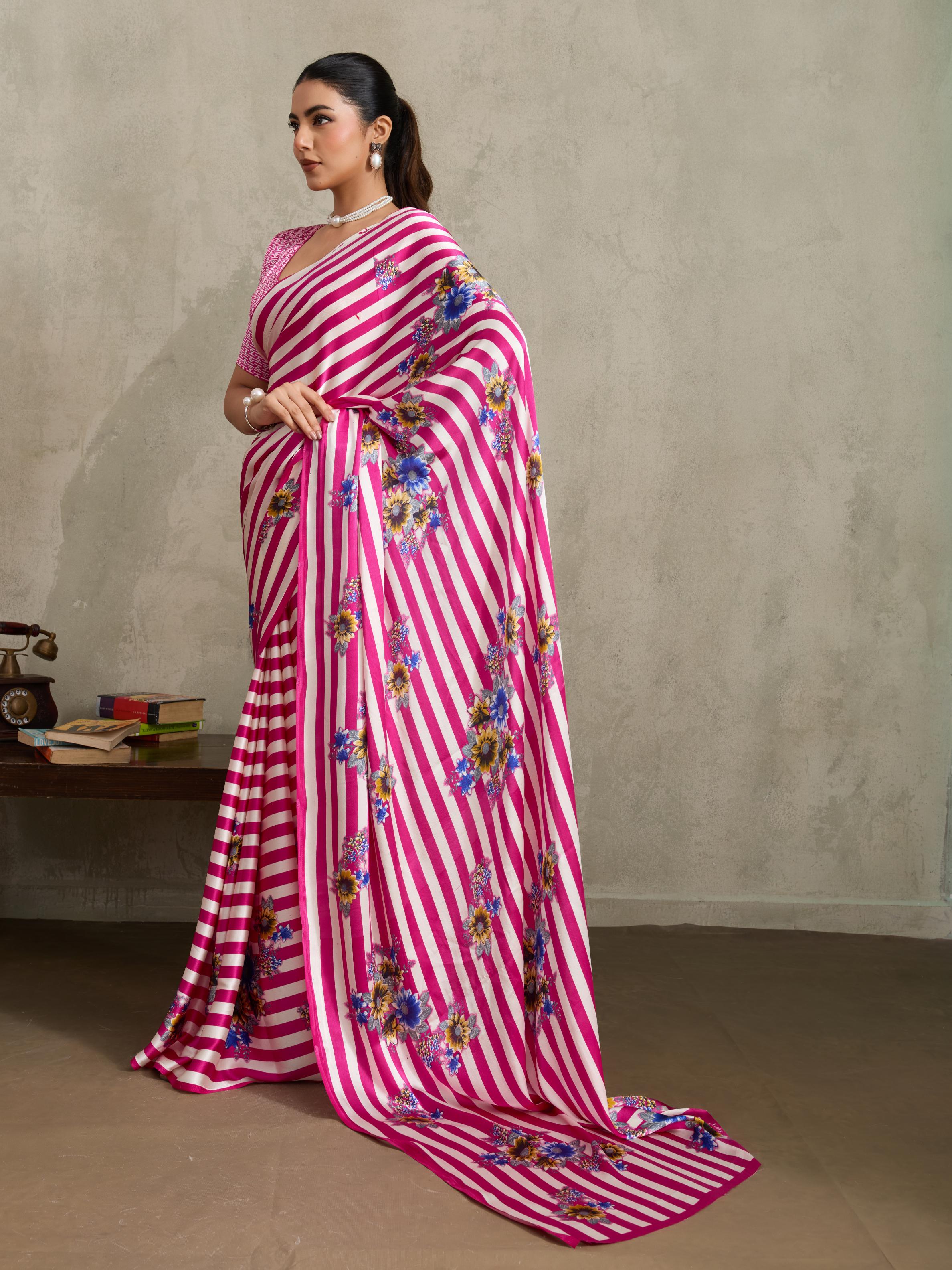 Neon Pink Ajrakh Printed Satin Crepe Soft Silk Saree With Blouse