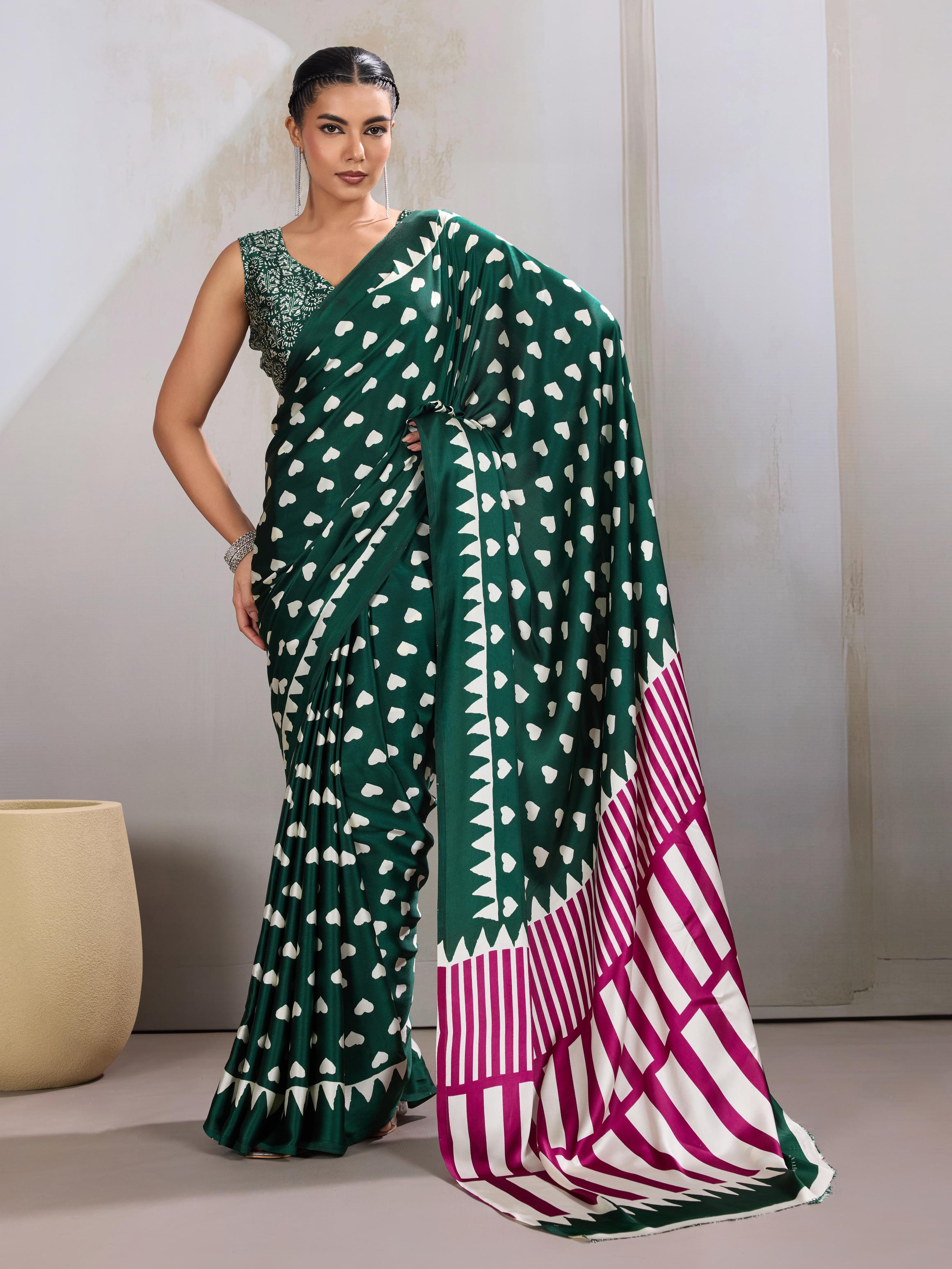 Basil Green Ajrakh Printed Satin Crepe Silk Saree