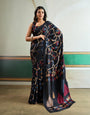 Coal Black Modal Ajrakh Printed Satin Silk Saree