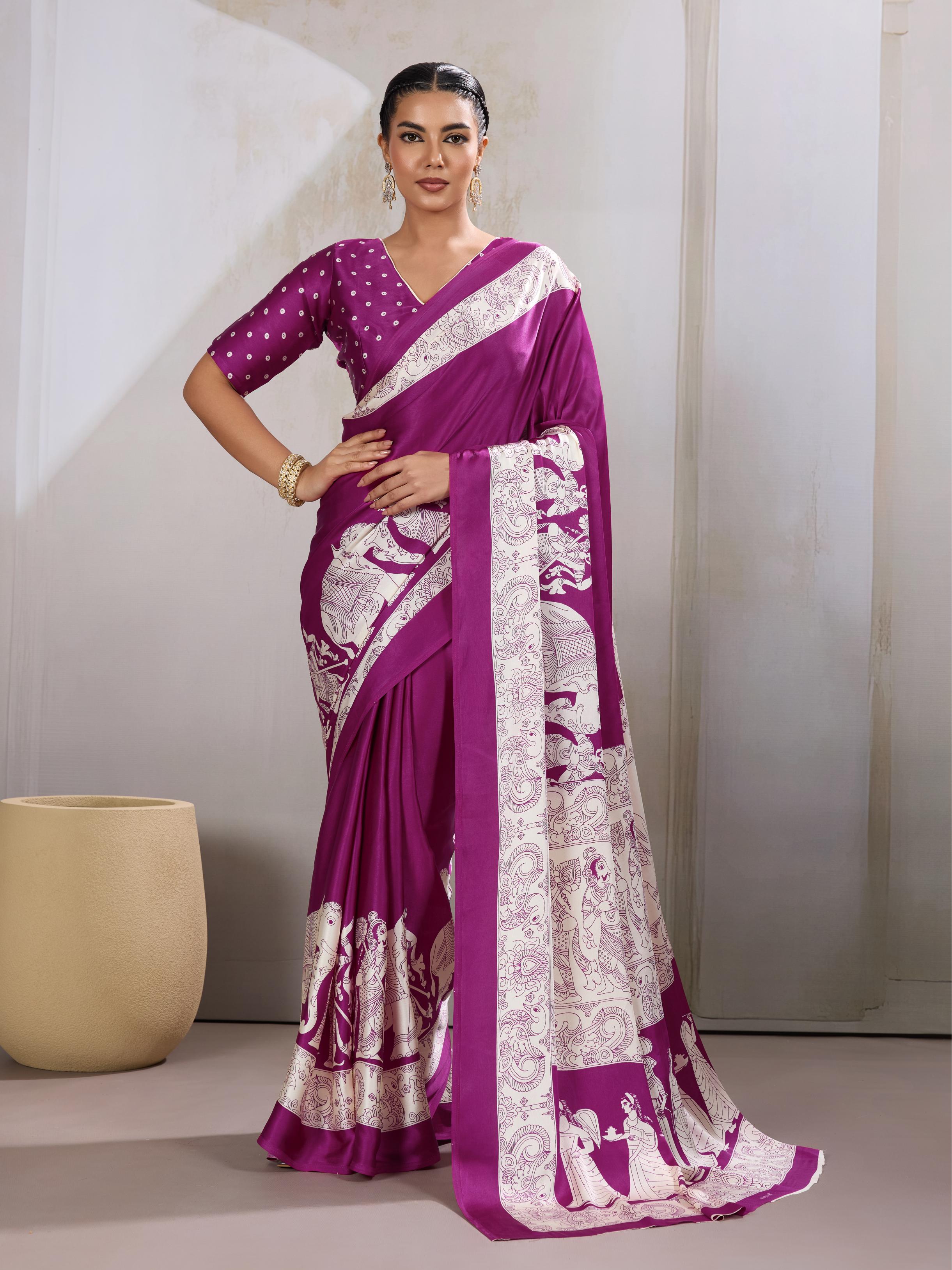 Periwinkle Purple  Ajrakh Printed Satin Crepe Silk Saree