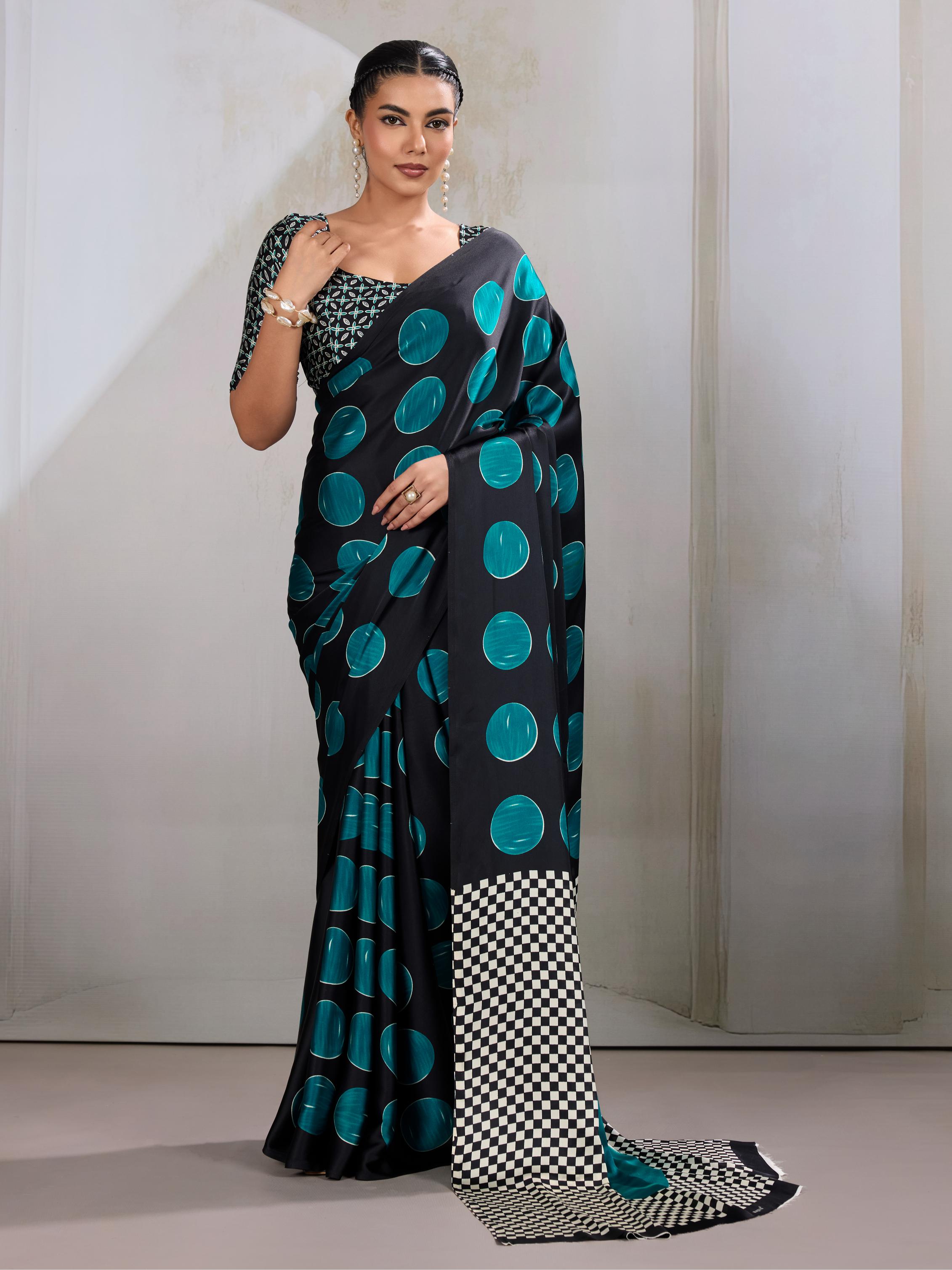 Paradiso Rama Ajrakh Printed Satin Crepe Silk Saree