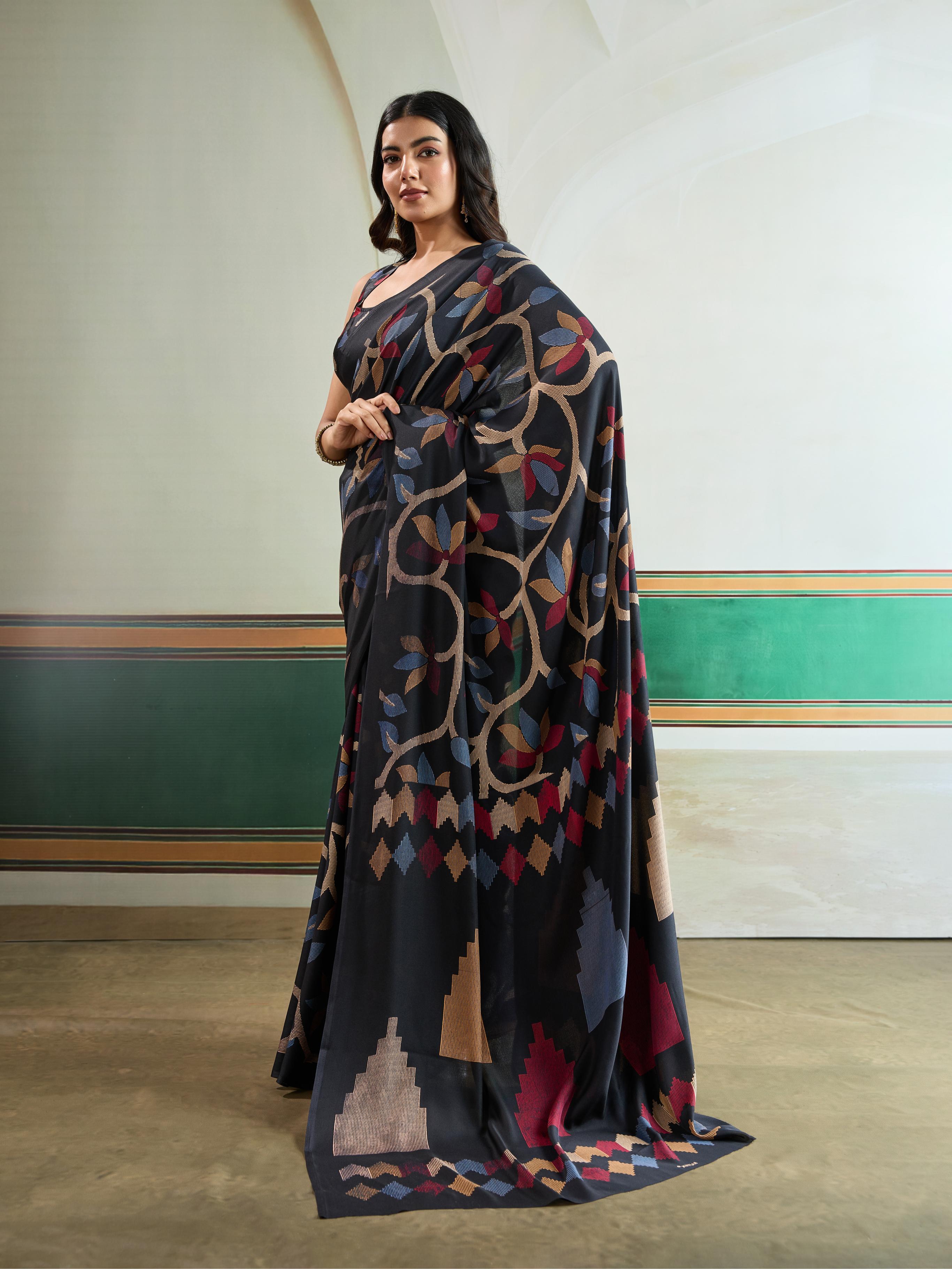 Coal Black Modal Ajrakh Printed Satin Silk Saree