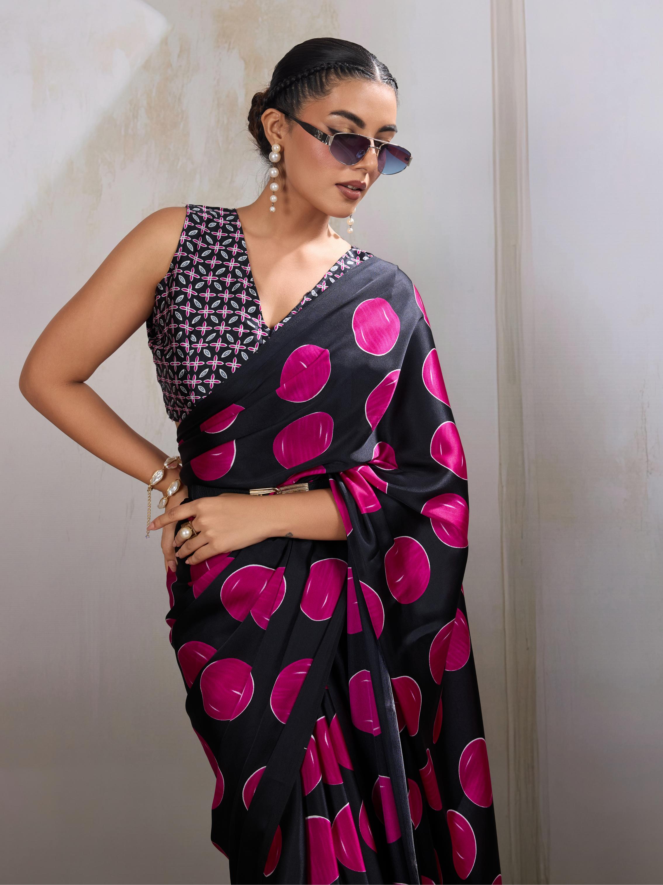 Magenta Pink Ajrakh Printed Satin Crepe Silk Saree